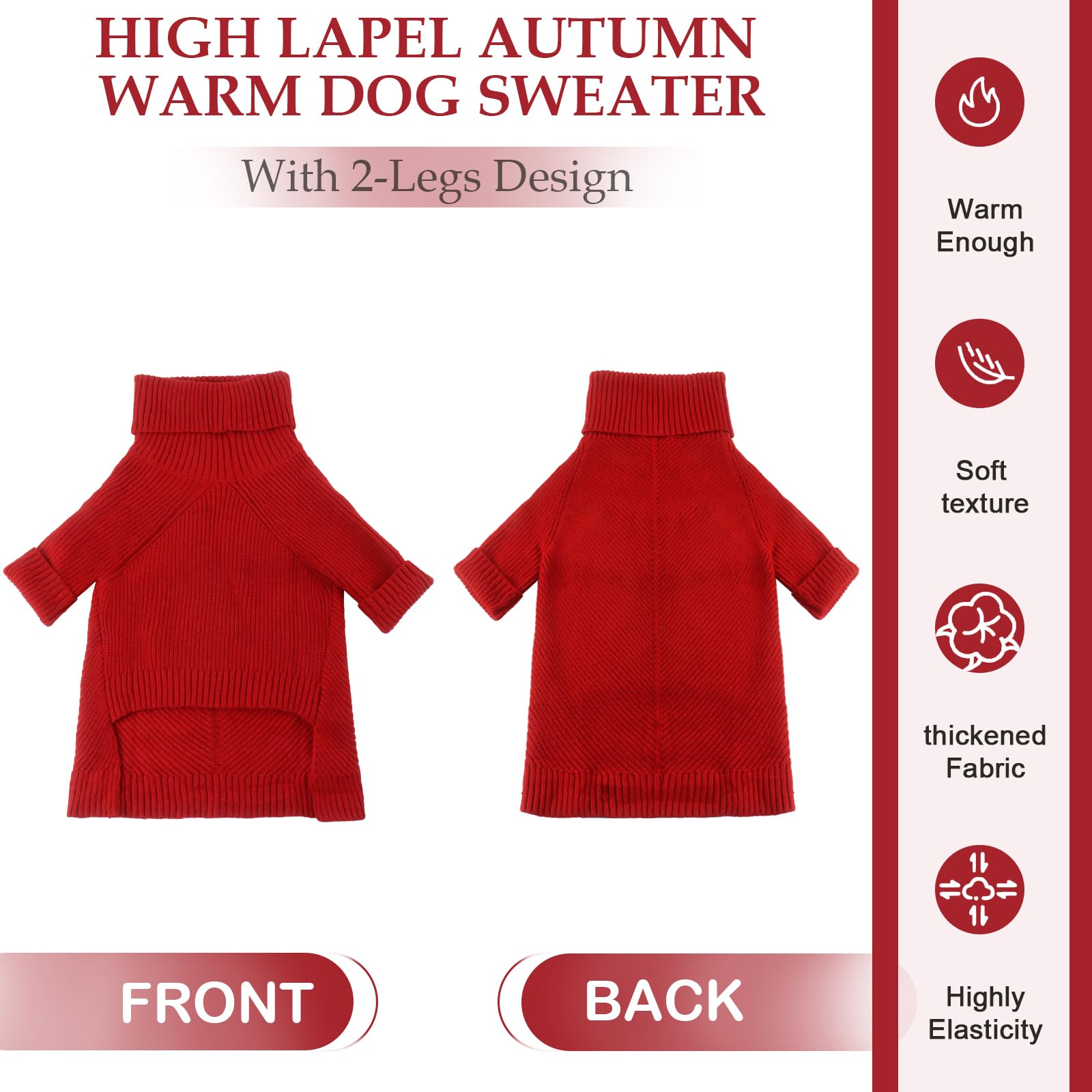 Geyecete Dachshund Turtleneck Sweater, Cold Weather Cable Knitwear Pullover, Winter Clothes for Small and Medium Dogs - Red - L - Image 3