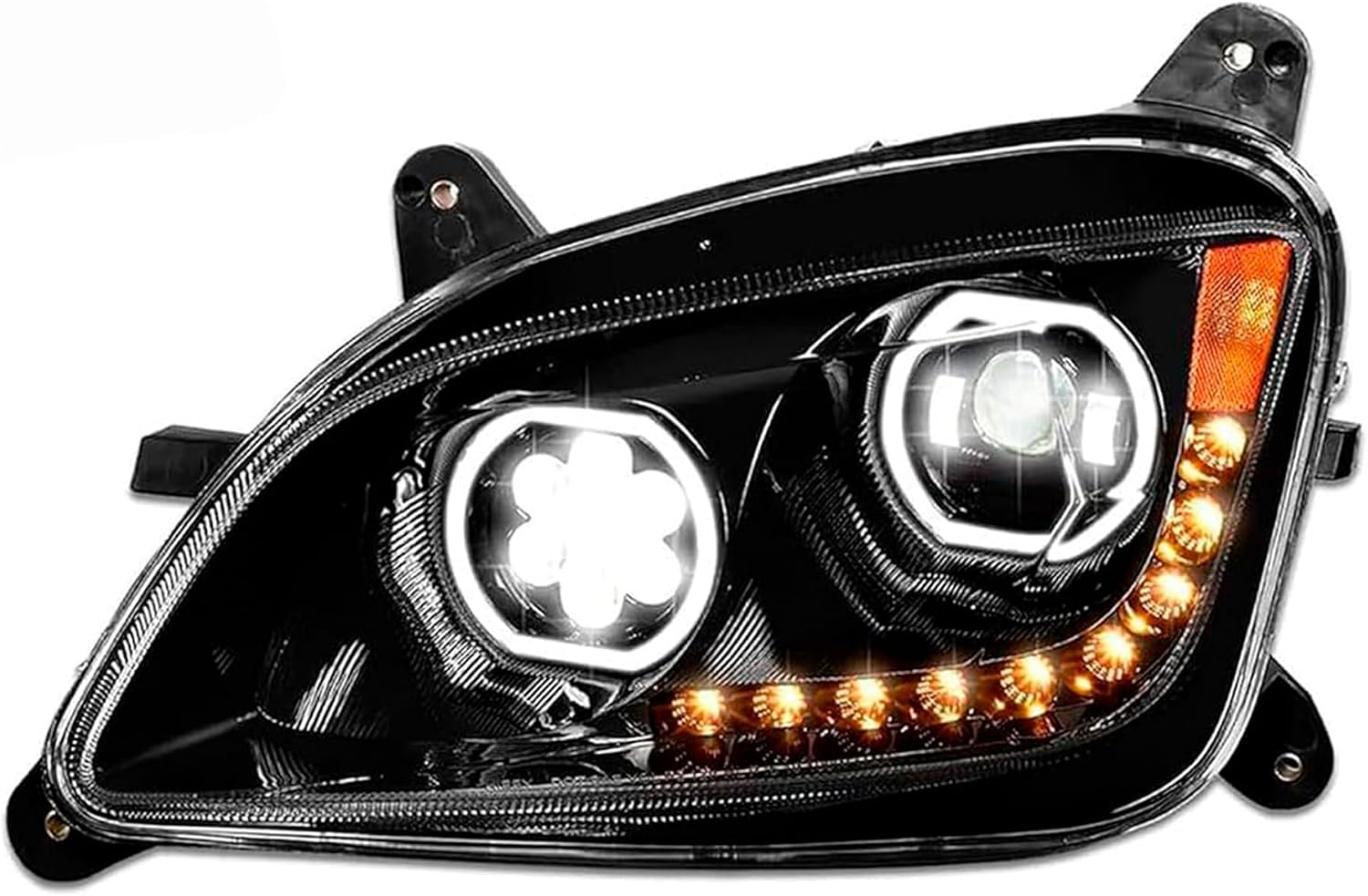 KOZAK LED Performance Black Headlight (Driver Left) Compatible with Peterbilt 579 587 2013-2021 PLUS Logo, Windshield Wipers, Frame License Plate Vest