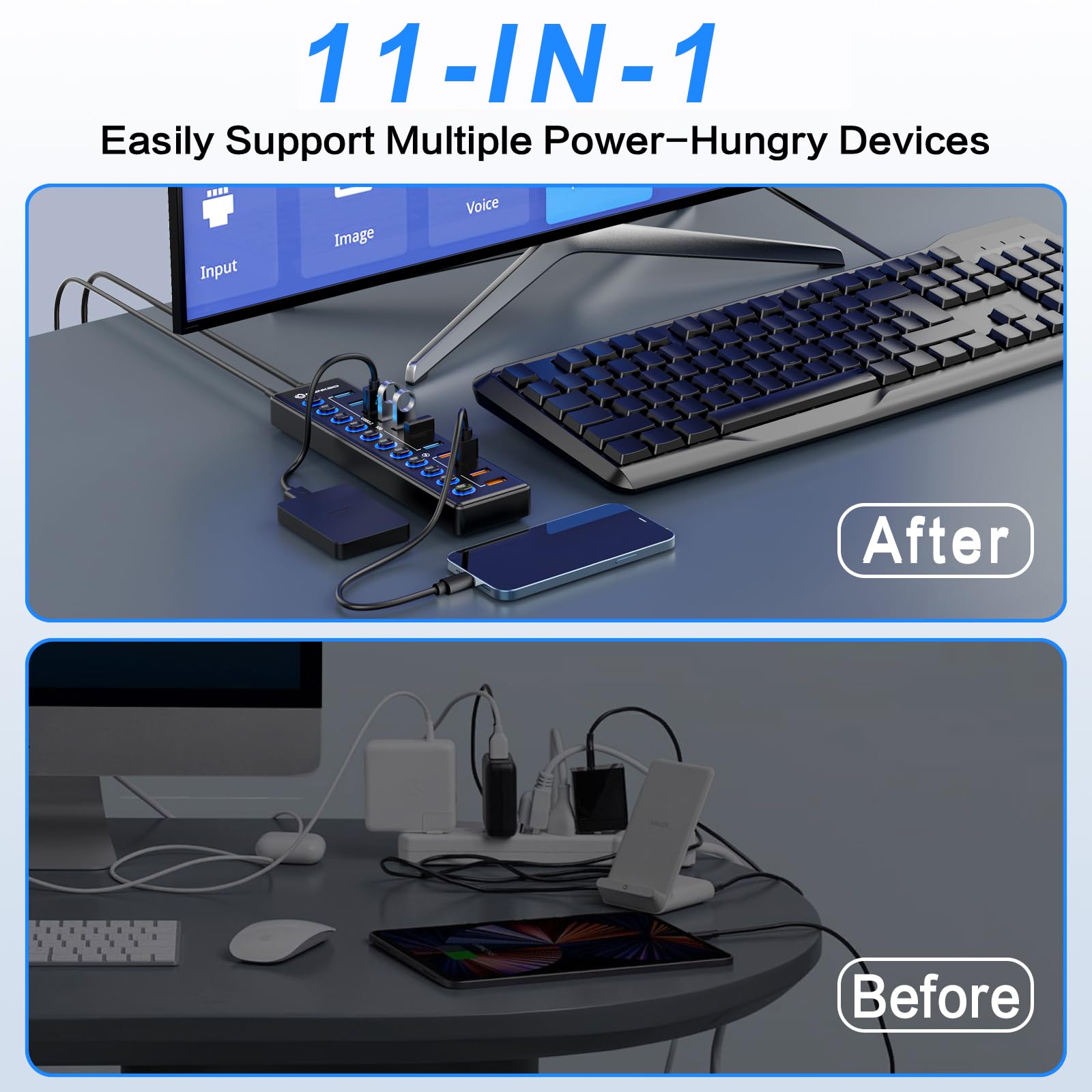 MENKSID - Hub USB alimentato a 11 porte, 7 porte di trasferimento dati USB 3.2 + 4 porte di ricarica intelligenti, interruttore indipendente (con indicatore di alimentazione LED), hub USB 3.2