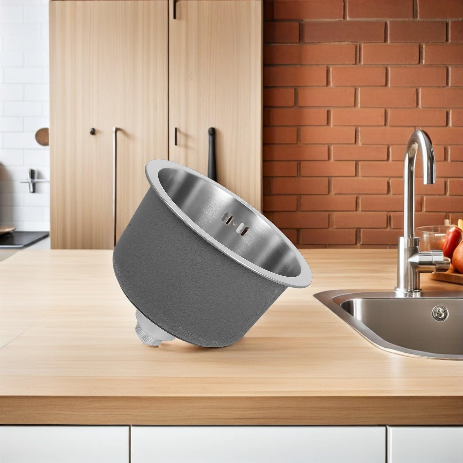 STOBAZA Fregadero de Cocina Mini Redondo de Acero Inoxidable, Lavabo Individual con Kit de Desagüe y Rebosadero, Plata, para Autocaravana, Bar y Sala de Servicio