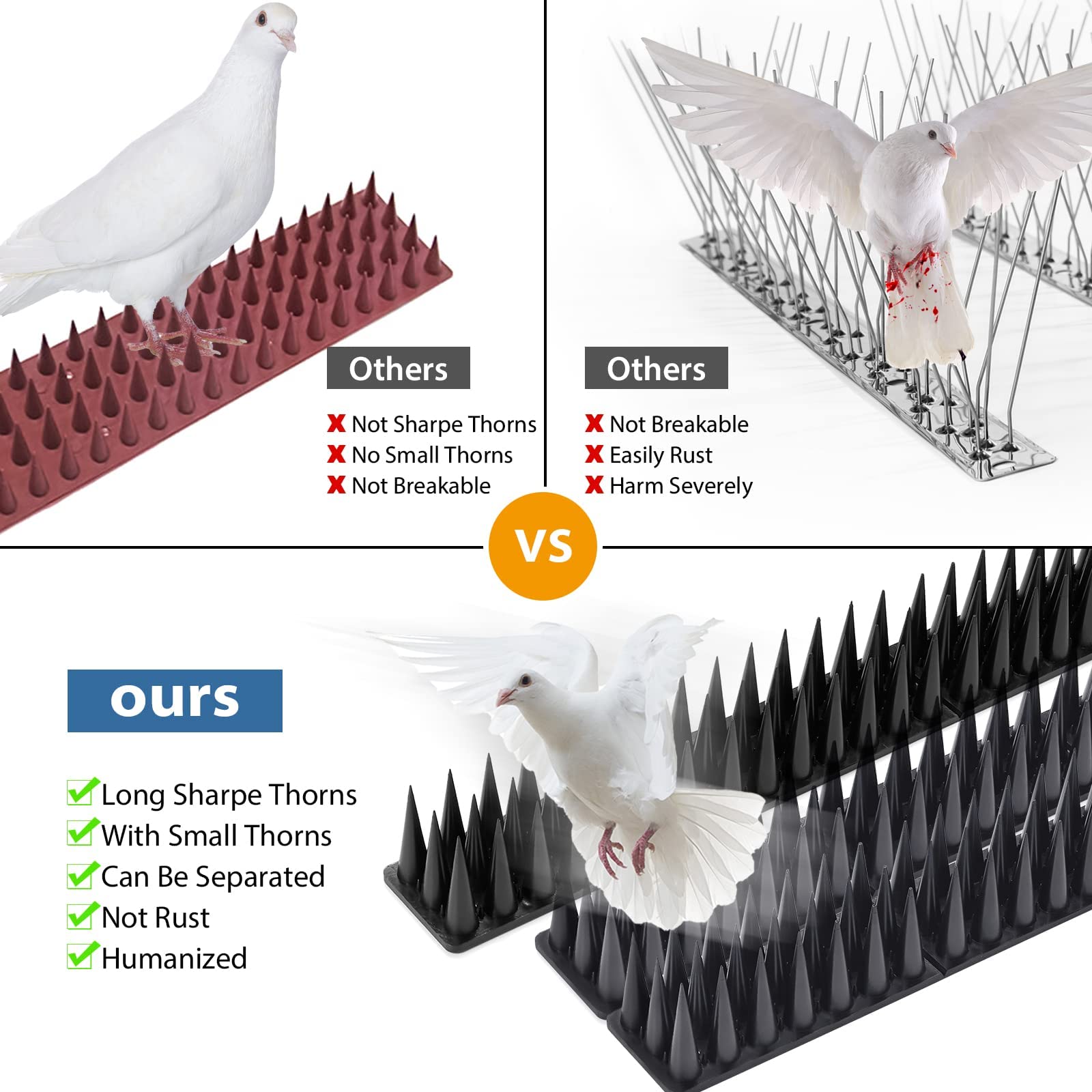 YeahBoom 12 Pièces Pic Anti Pigeon,5.16M Anti Pigeon pour Balcon Plastique,3 rangées Repulsif Chat Repulsif Pigeon Kit,Pique Anti Pigeon Plastique,Anti Pigeon,Anti Pigeons pour Balcon