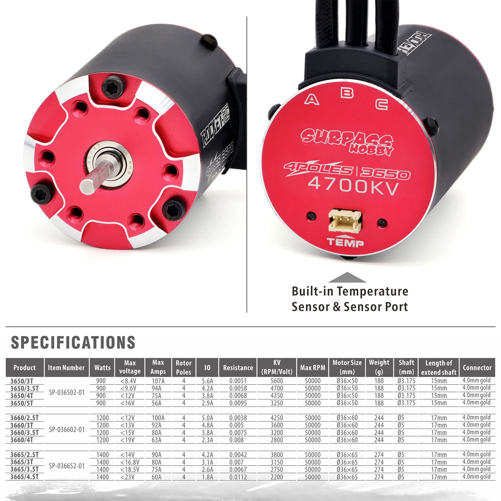 Surpass Hobby Supersonic 3650 4700kv, motore sensore brushless a 4 poli, 3,175 mm proiettile nero per 1/10 RC auto veicolo