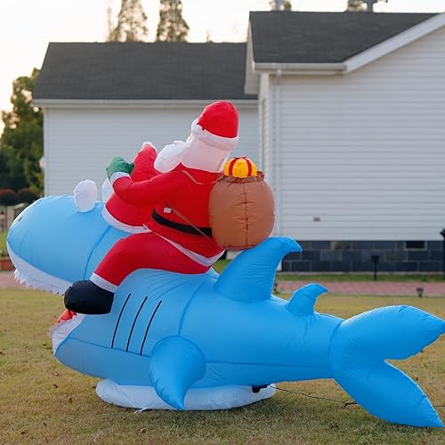 Miniatura 6 de Decoraciones inflables de Navidad al aire libre, 8.5 pies, divertido tiburón inflable de Santa montando, decoración de patio al aire libre,