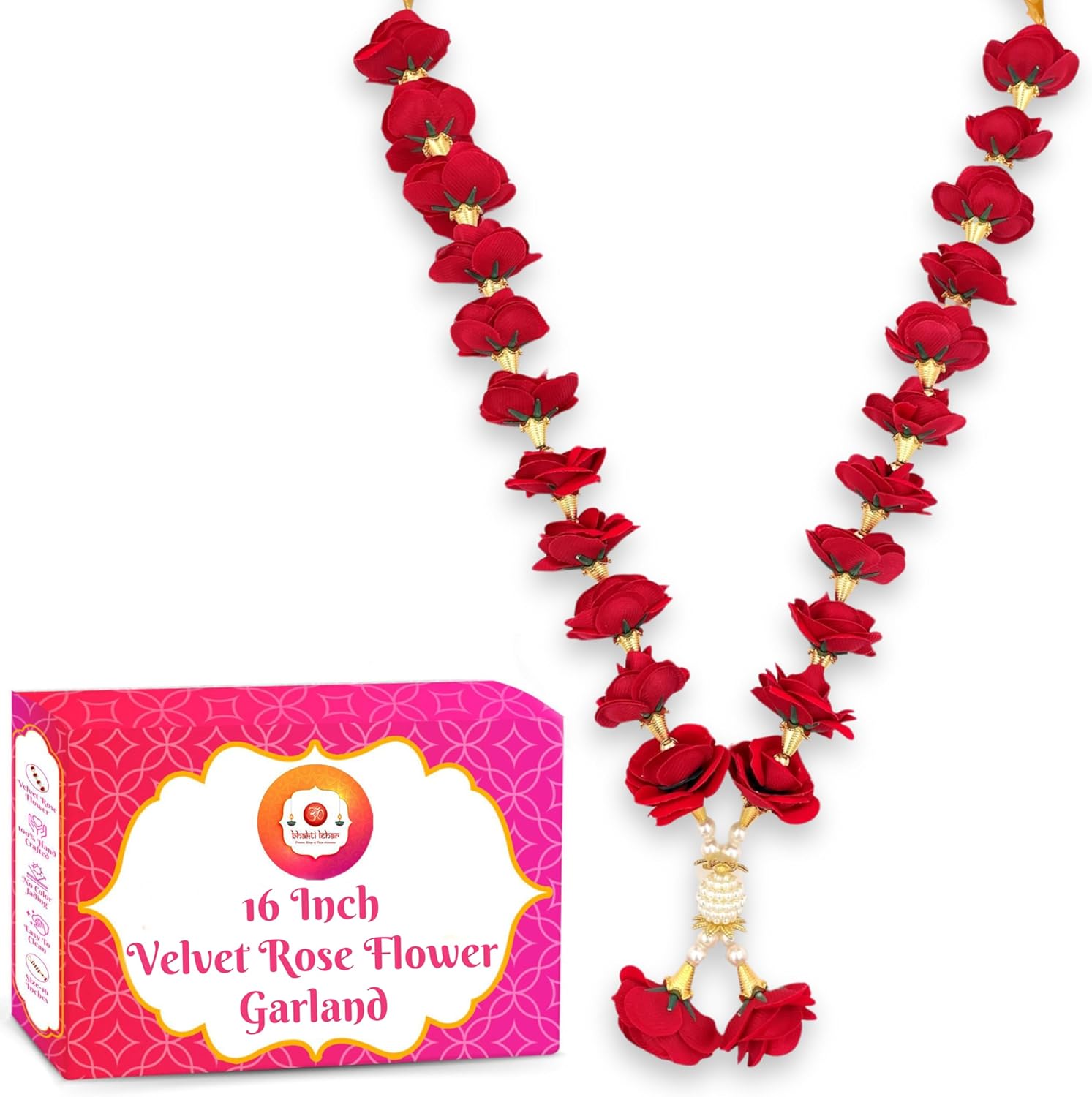 Bhakti Lehar (Size: 16 Inch) Velvet Rose Flower Garland For Photo Frame And God Idol | Artificial Pearl Moti Gulab Mala Haar