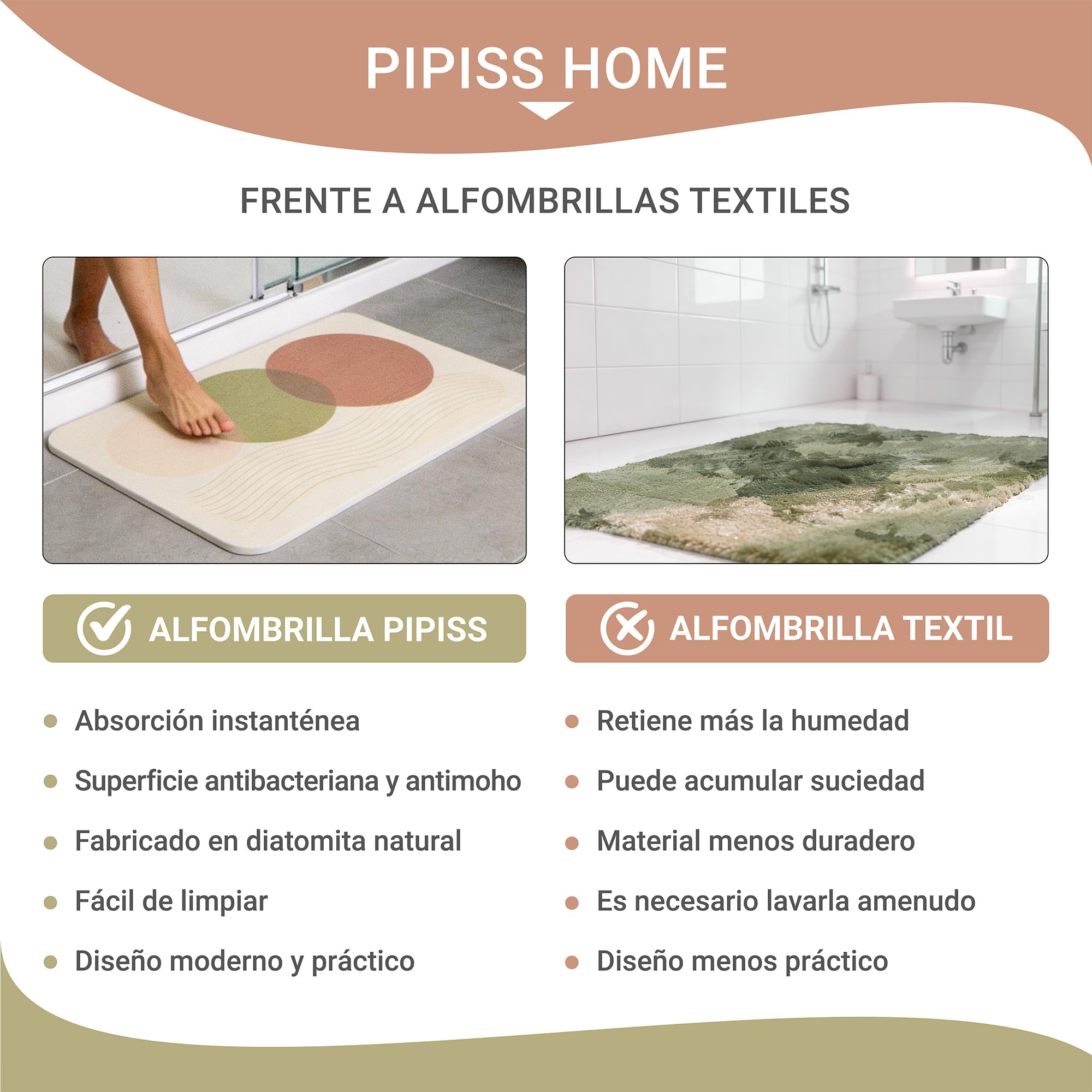 PIPISS HOME Alfombra diatomita baño 60x40 cm – Piedra Mineral Natural – Secado instantáneo e higiene Diaria – para Salida de Ducha y bañera — view 5