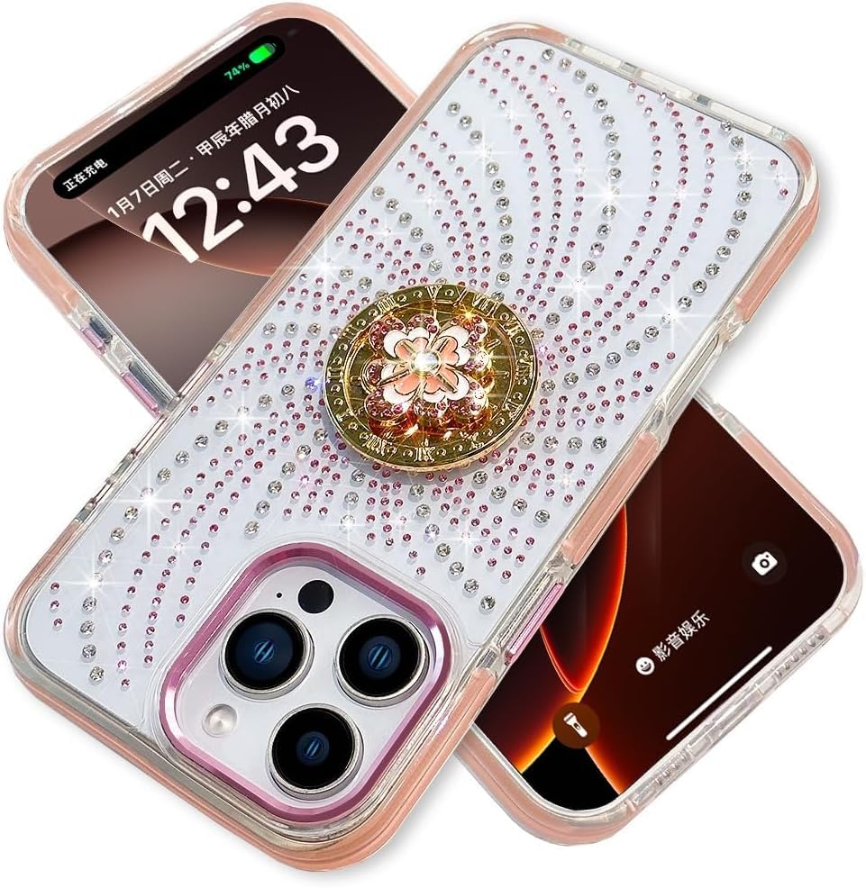 for iPhone 16 Pro Max Case for Women Girls,Luxury Bling Glitter Rhinestone Design with Spinning Wheel Flower Ring Stand,Cute Girly Sparkle Diamond Clear TPU Bumper Phone Case for iPhone 16 Pro Max