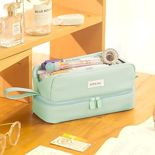 Miniatura 3 de MAMUNU Estuche para lápices de gran capacidad, estuche estético, estuche para lápices con compartimentos con cremallera, asa portátil, estuche para