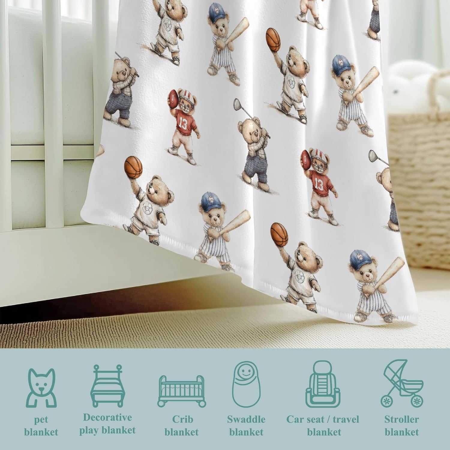 Cute Sport Bears Golf Baseball Basketball Baby Boy Girl Blankets Sports Lover Gift White Flannel Fluffy Blanket for Baby Breathable Toddler Blanket for Crib Stroller Bed Travel Beige 40x50inch