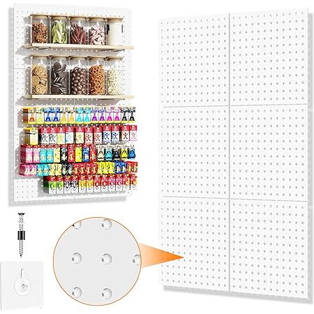 Pegboard,Metal Peg Board 6PCS,Pegboard Wall Organizer with 2 Installation Ways of Drilling and No Drilling.Peg Board, Garage pegboard, White Pegboard for Garage,Craft Room,Workshop,Kitchen,Office