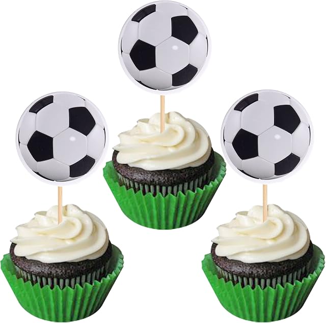 Xsstarmi 24 Pack Soccer Cupcake Toppers Glitter Football World Cup Cupcake Picks for Ball Sports Theme Baby Shower Soccer Players Kids Birthday Party Cake Decorations Supplies