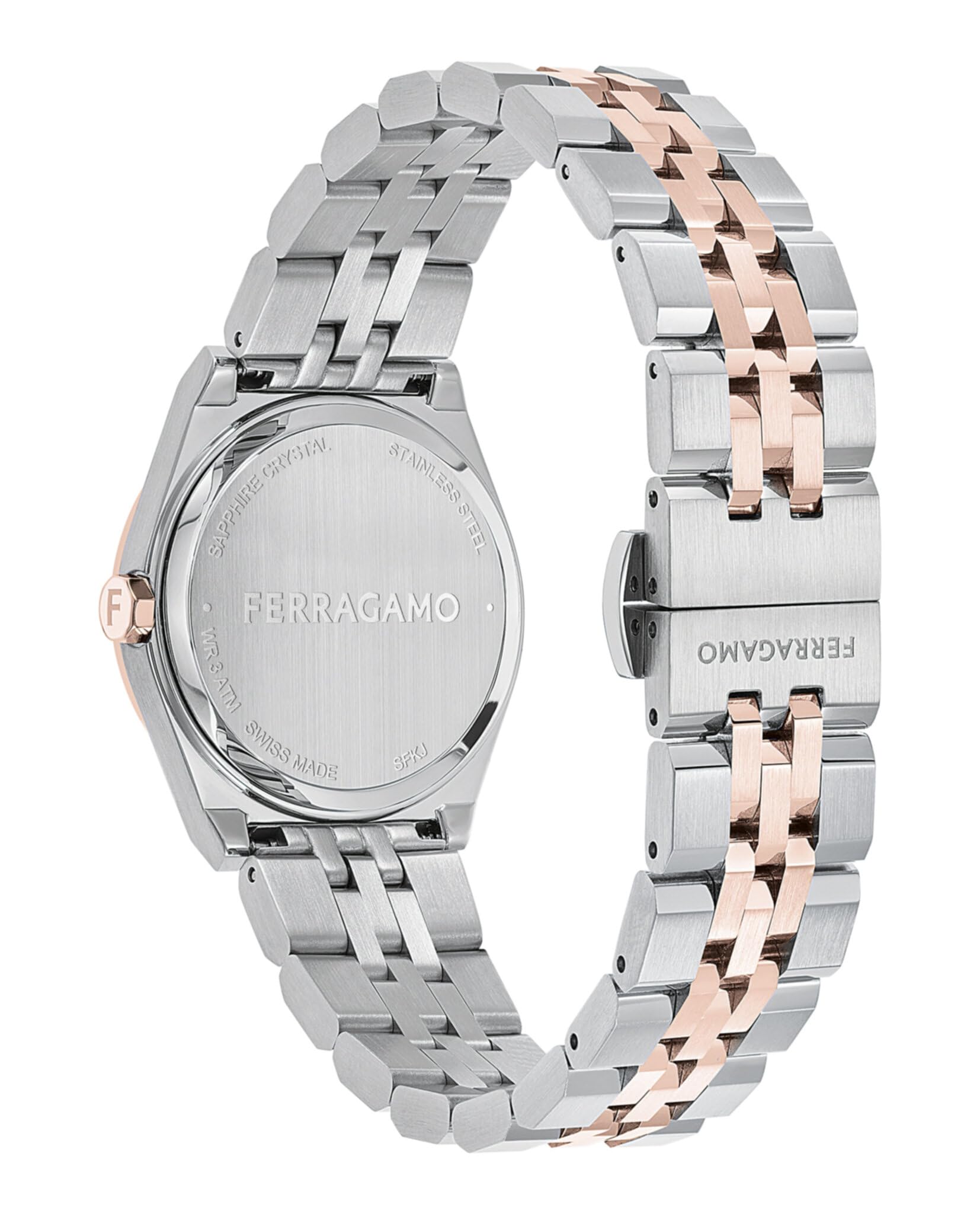 Ferragamo Vega Orologio da donna di lusso con cinturino in acciaio inossidabile bicolore e quadrante guilloche marrone