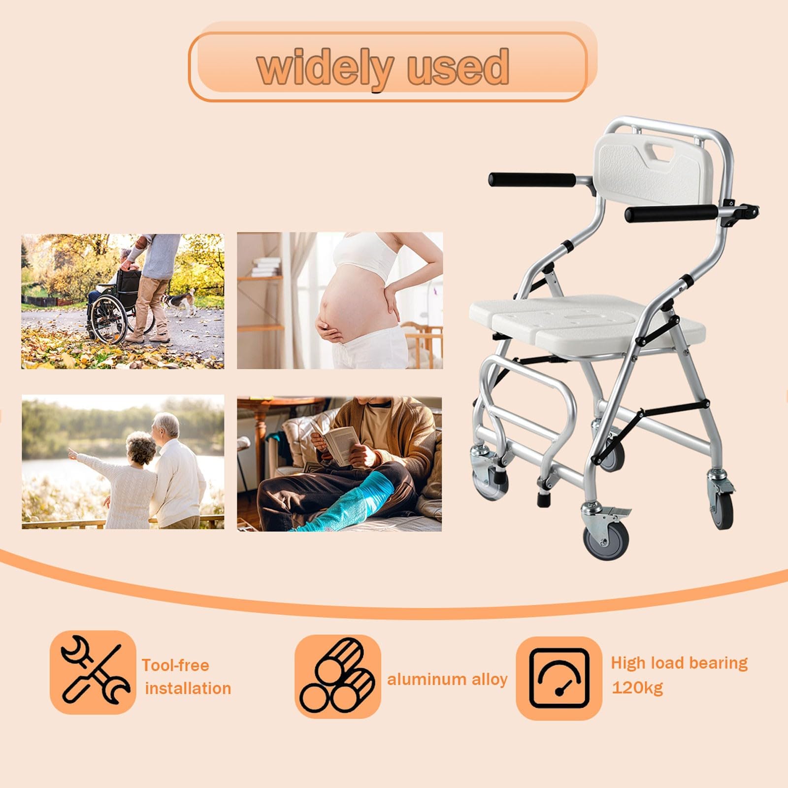 Silla de Ducha con Ruedas Plegable, Silla de Baño para Mayores con Ruedas y Frenos, Taburete de Ducha de Aluminio para Uso de Personas Mayores con un Peso de hasta 120kg