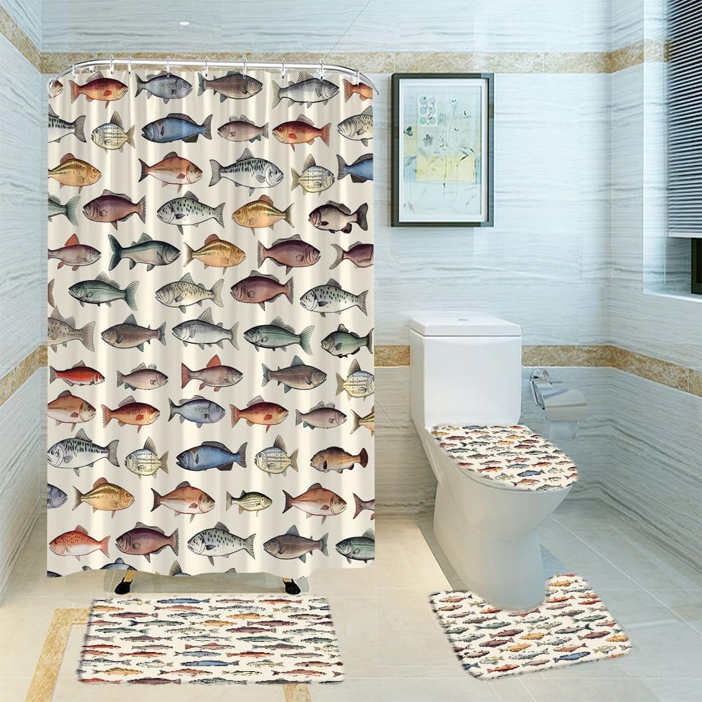 4pcs Fish Shower Curtain Set with Rug Vintage Fishes Fishing Lake Carp Animal Rustic Cabin Farmhouse Fabric Bathroom Curtain Set with Hooks(U Shape and Toilet Lid Cover Mat)