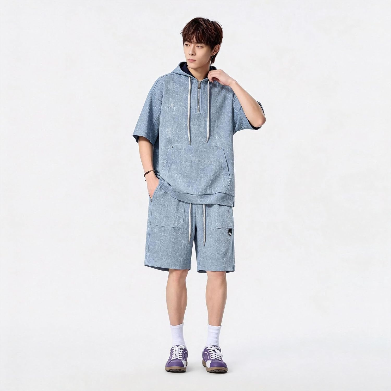 Men's Summer Hooded Sweatshirt Short Sleeve and Shorts 2 Piece Youth Casual Outfit