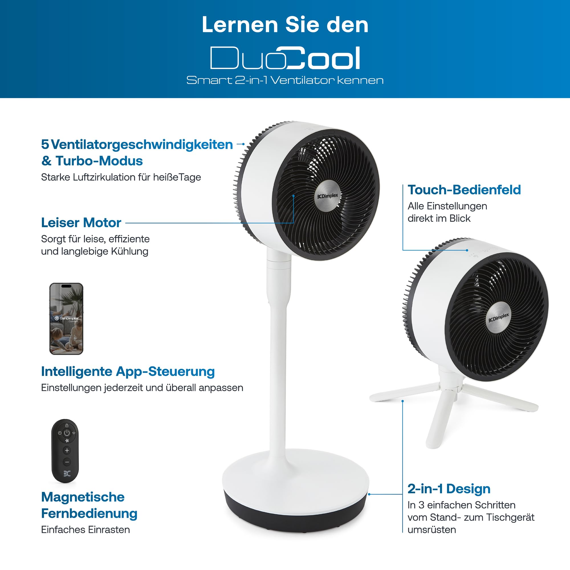 DIMPLEX DUOCOOL Smart 2-in-1 Ventilator Stand- & Tischventilator 5 Geschwindigkeitsstufen Turbo 20m Reichweite 36dB App Google Home Alexa Fernbedienung