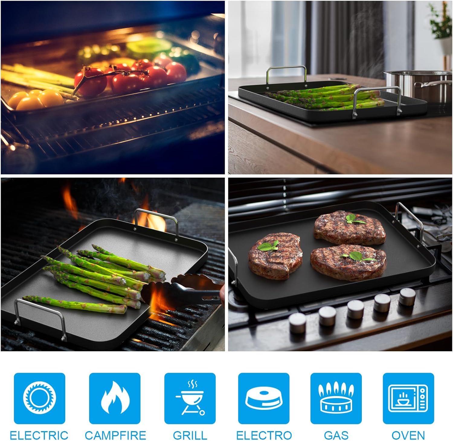 Nonstick Double Burner Stove Top Flat Griddle Pan Removable Stay-Cool Handles Oven Safe Works on Electronic Ceramic and Gas Cooktops Non-stick Cooking Surface 17.5"L x 13"W