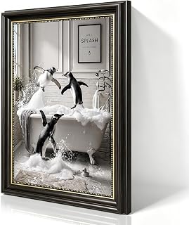 EFXJVW Funny Penguin Bathroom Wall Art, Black and White Animals Playing in Bathtub Print, Whimsical Splash Poster for Powder Room, Black PS Frame with Gold Dots, No Drill Adhesive Strips Included