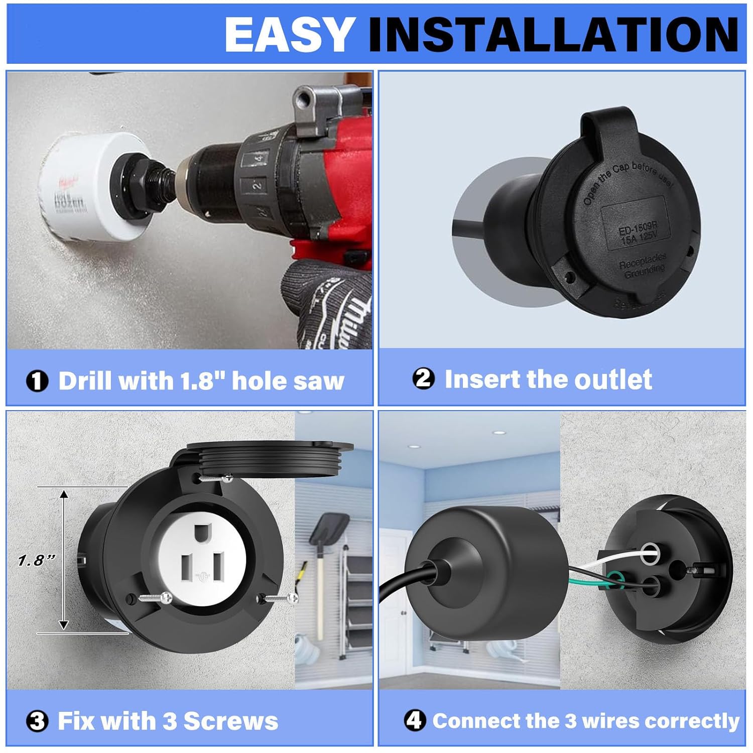 15A Flanged Outlet 120-125 Volt, NEMA 5-15R 15 Amp Straight Blade Plug Charger Receptacle w/ Waterproof Covers, 2 Pole-3 Wire, ETL Listed Plug Female for RVs Marine Truck Bed Block Heater