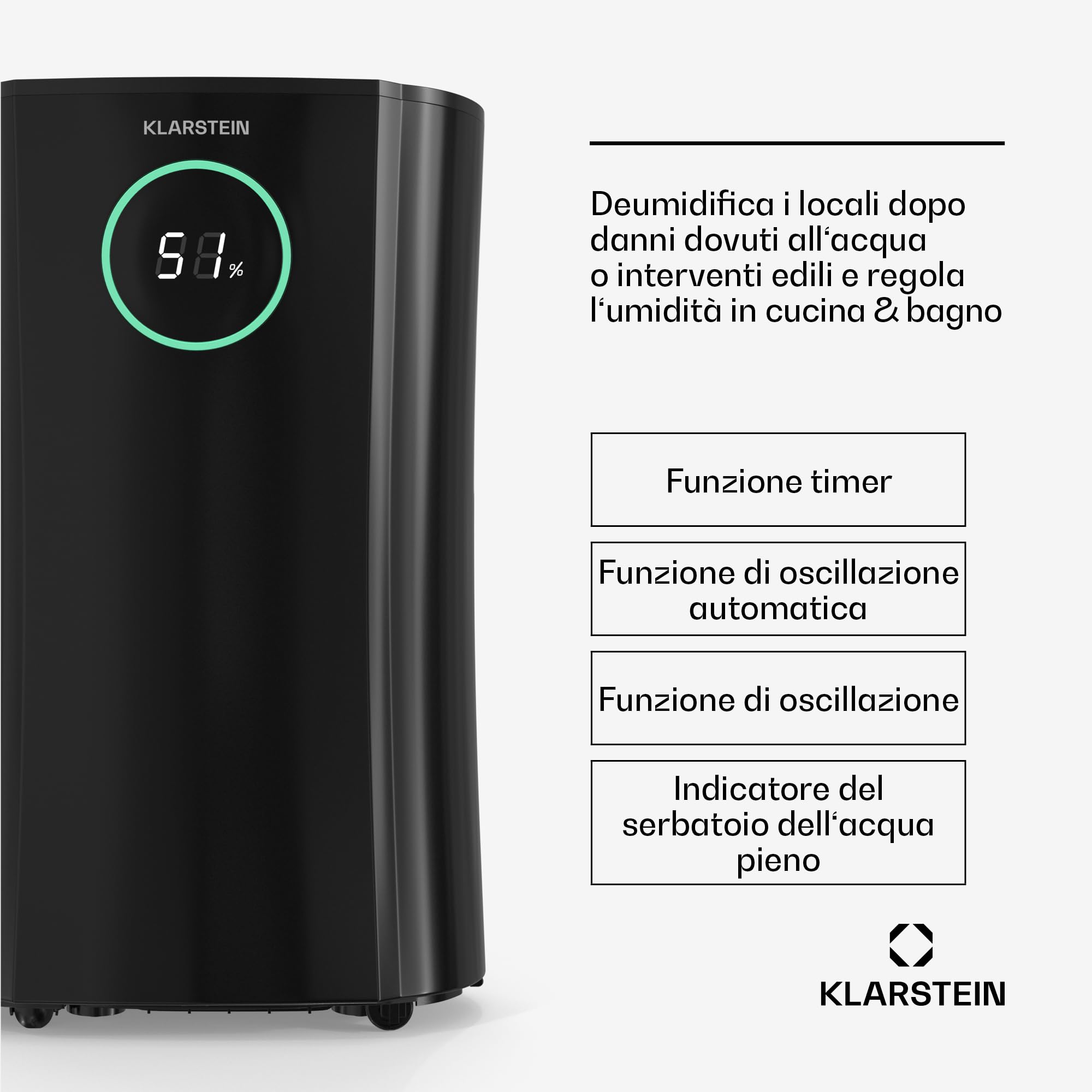 KLARSTEIN DryFy ProConnect 24L Deumidificatore Wi-Fi, Silenzioso, Timer 24h, Filtro HEPA, Portatile per Casa/Ufficio, Controllo umidità, Stanze Fino a 36m², Nero