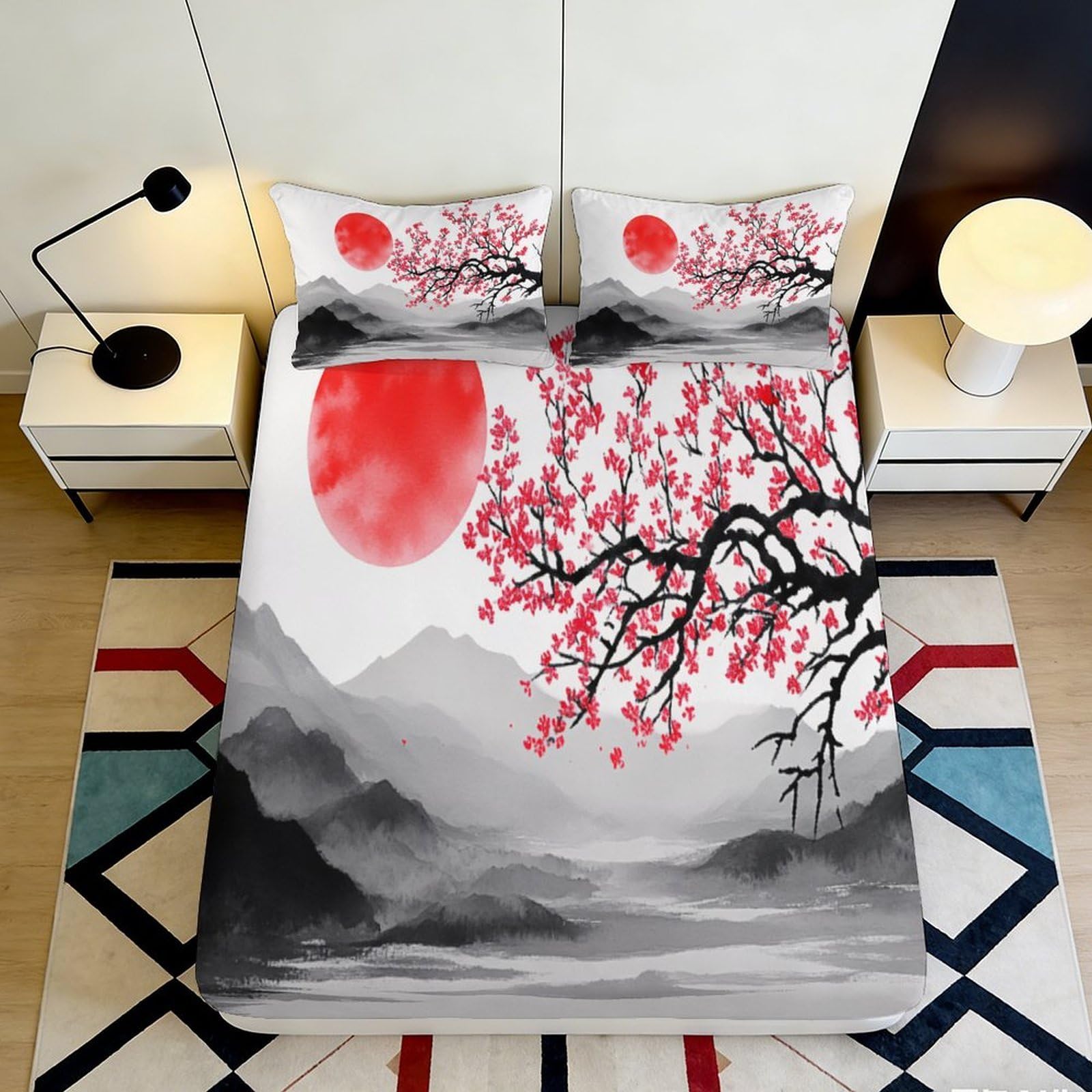 3D Printed Red Sun Mountain Fitted Sheet Microfiber Soft Breathable Cherry Blossom Bed Cover for Bedroom Decor Mattress Protection 90x200x25cm