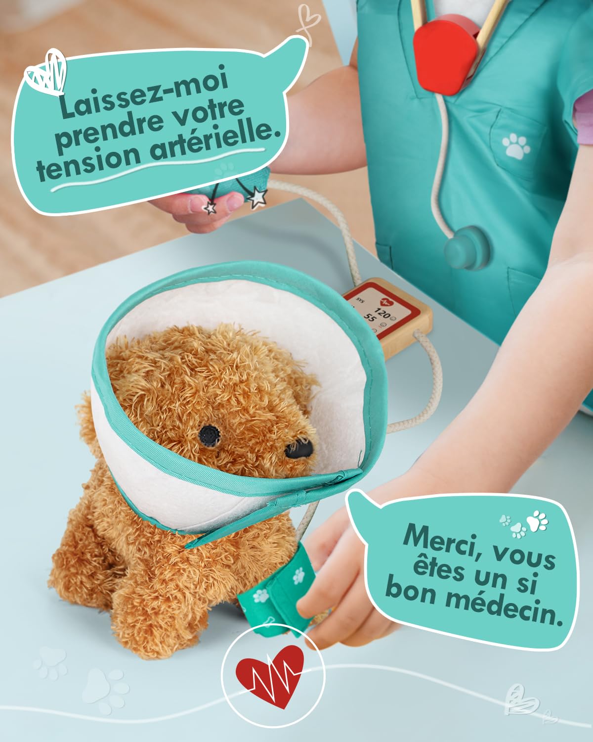 Malette Docteur Enfant, Vétérinaire Enfant en Bois, Malette Docteur avec Chien la Peluche, Jouet Fille 3 Ans(Vert)