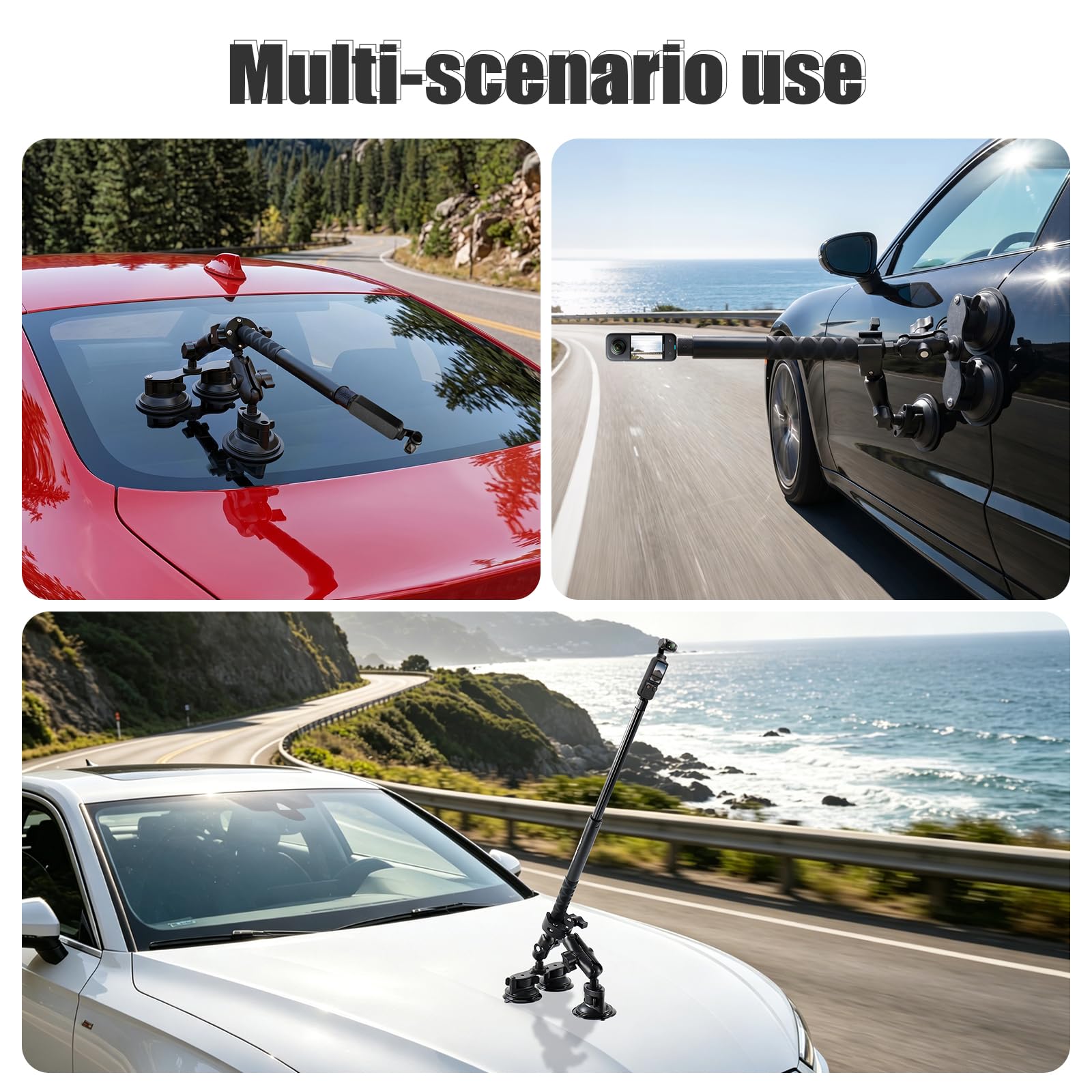 Dreifach Saugnapf Autohalterung Set mit 28-112cm Einziehbarem Selfie Stick, Klemme und Magic Arm für Insta360, Gopro, Akaso, DJI Action Kamera, KFZ Fahrrad Lenker Halterung