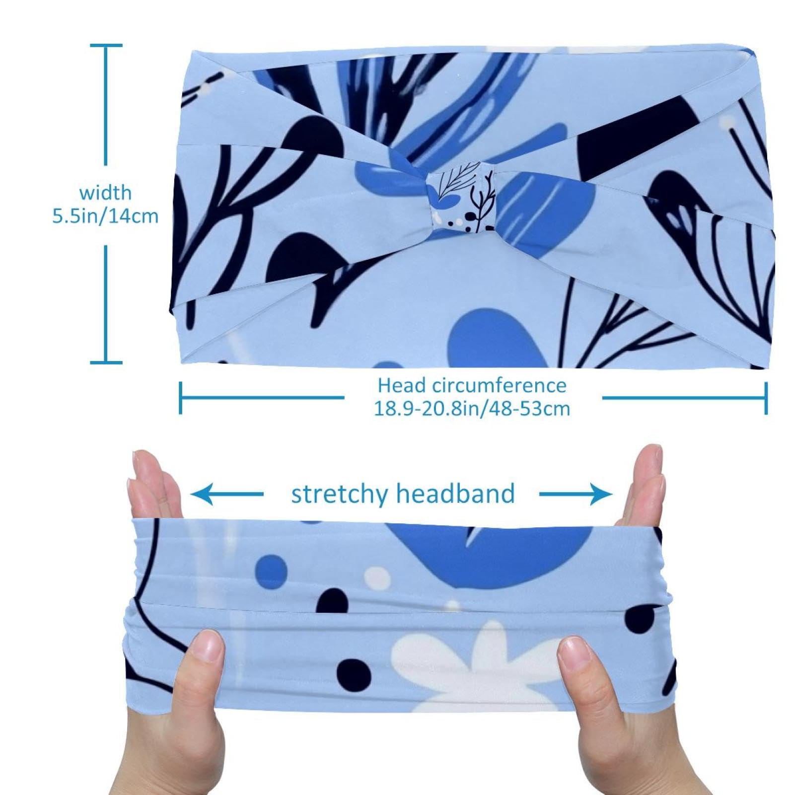 Lot de 6 bandeaux larges extensibles pour femme - Bleu vif - Motif floral abstrait simple - Pour l'entraînement, le sport et un usage quotidien