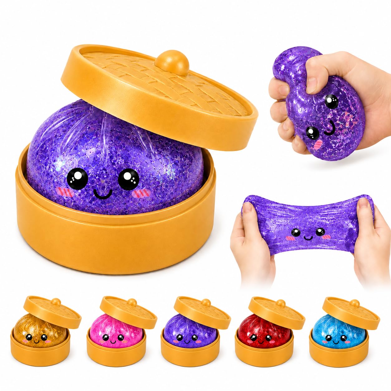 INTELLIGRON Glitter Dumpling Squishy Toy, Cute Squishy Dumpling with Plastic Top, Soft Rubber-Feel Squeeze Toy, Kawaii Food Fidget Toy, Desk Toy, Party Bag Filler & Novelty Gift (Purple)