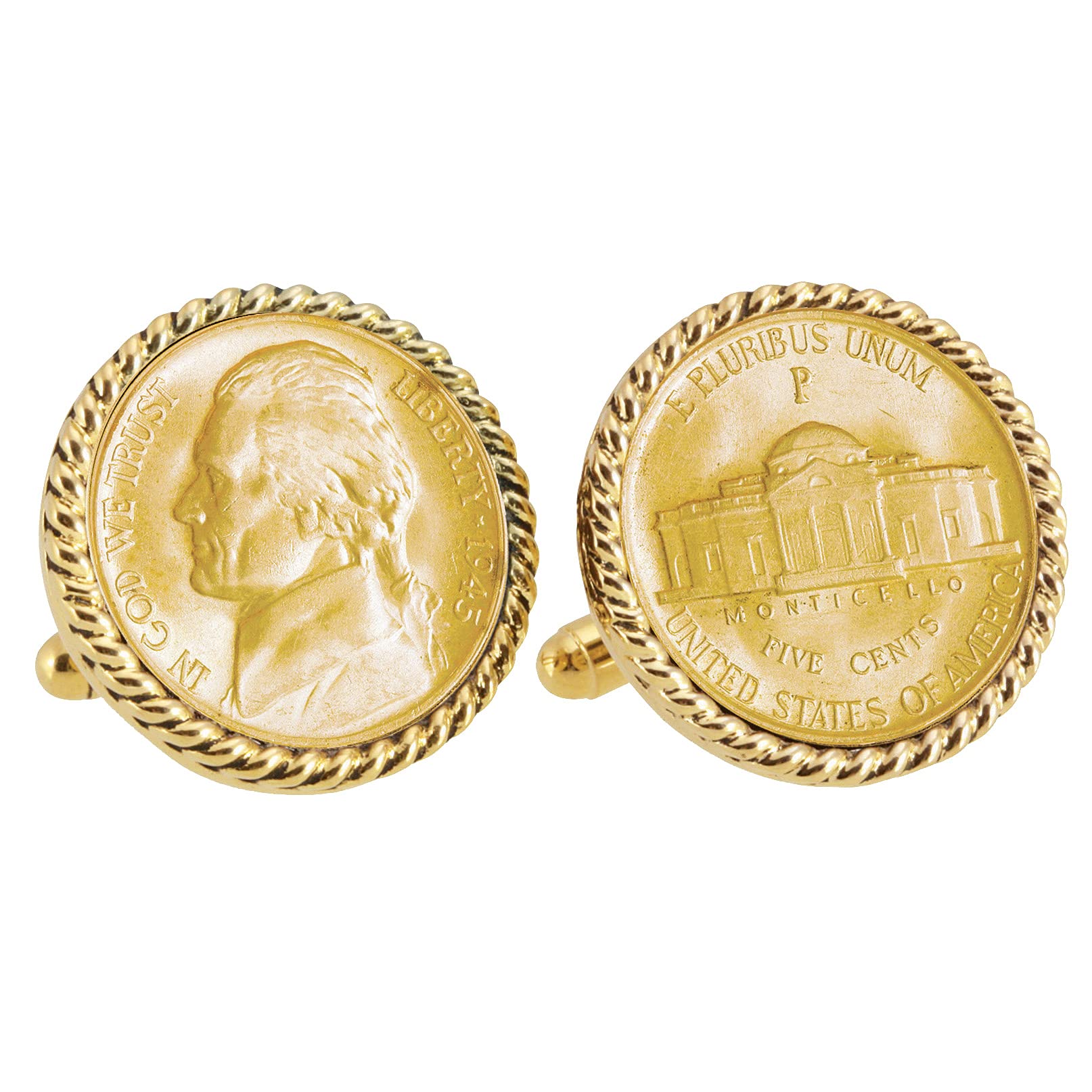 American Coin Treasures Gold-Layered Silver Jefferson Nickel Wartime Nickel Goldtone Rope Bezel Cuff Links