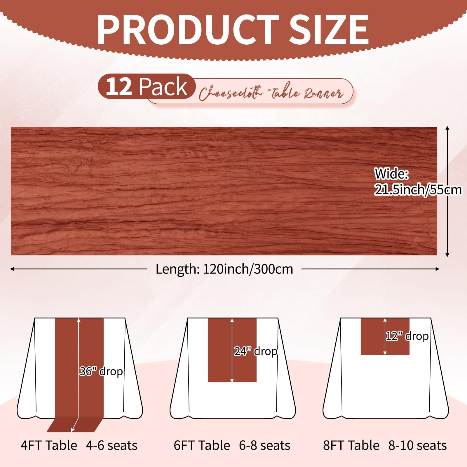 12 Stück Käsetuch Tischläufer Terracotta für Hochzeit, 55 x 300 cm