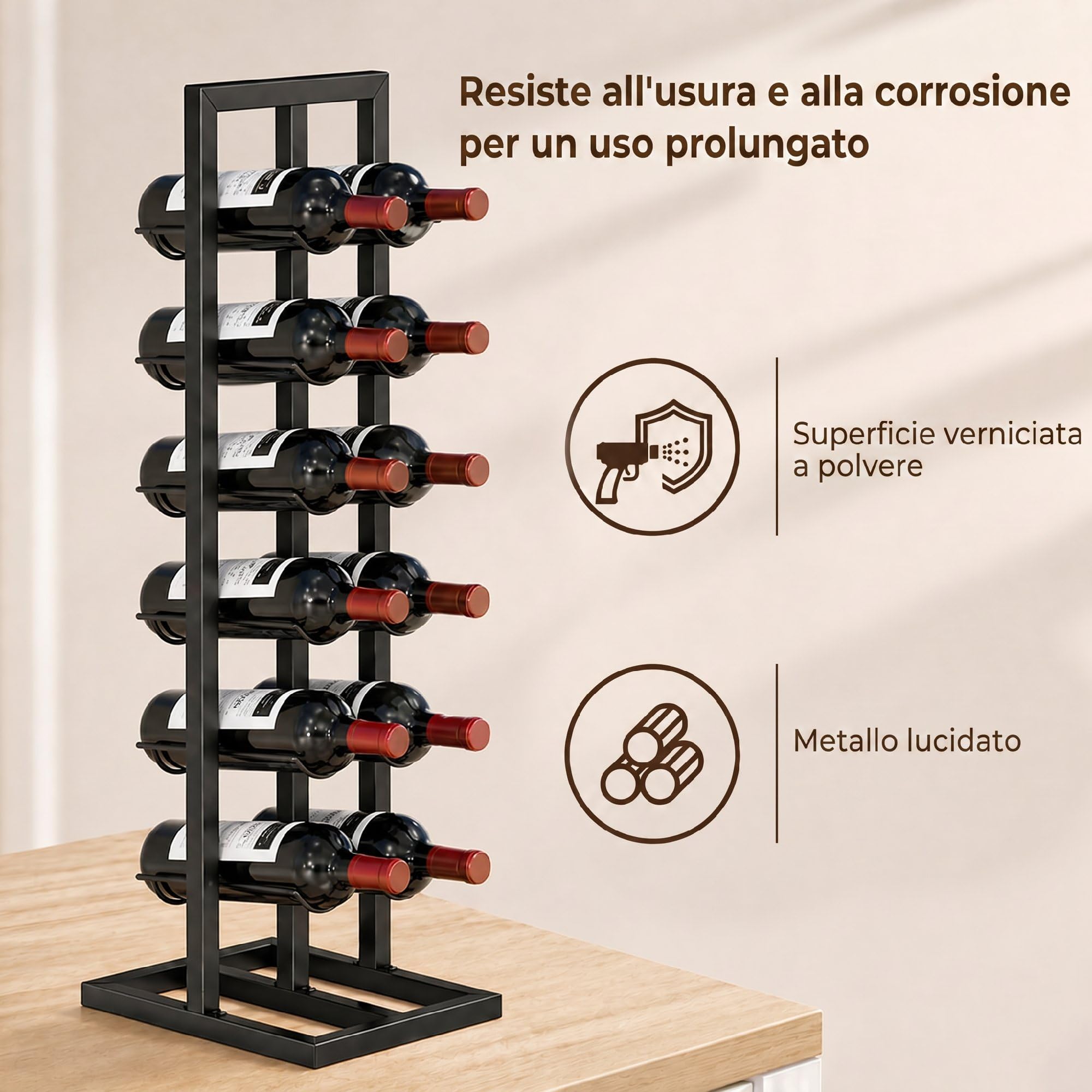 HOMCOM Portabottiglie da Terra per 12 Bottiglie con Cinghia Antiribaltamento, Porta Bottiglie di Vino Industriale in Acciaio, Salvaspazio per Cucina, Sala da Pranzo, Bar, Nero