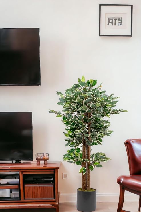YOUR ARTIFICIAL FLOWER 100 Cm Green White Benjamin Tree in Gray Pot