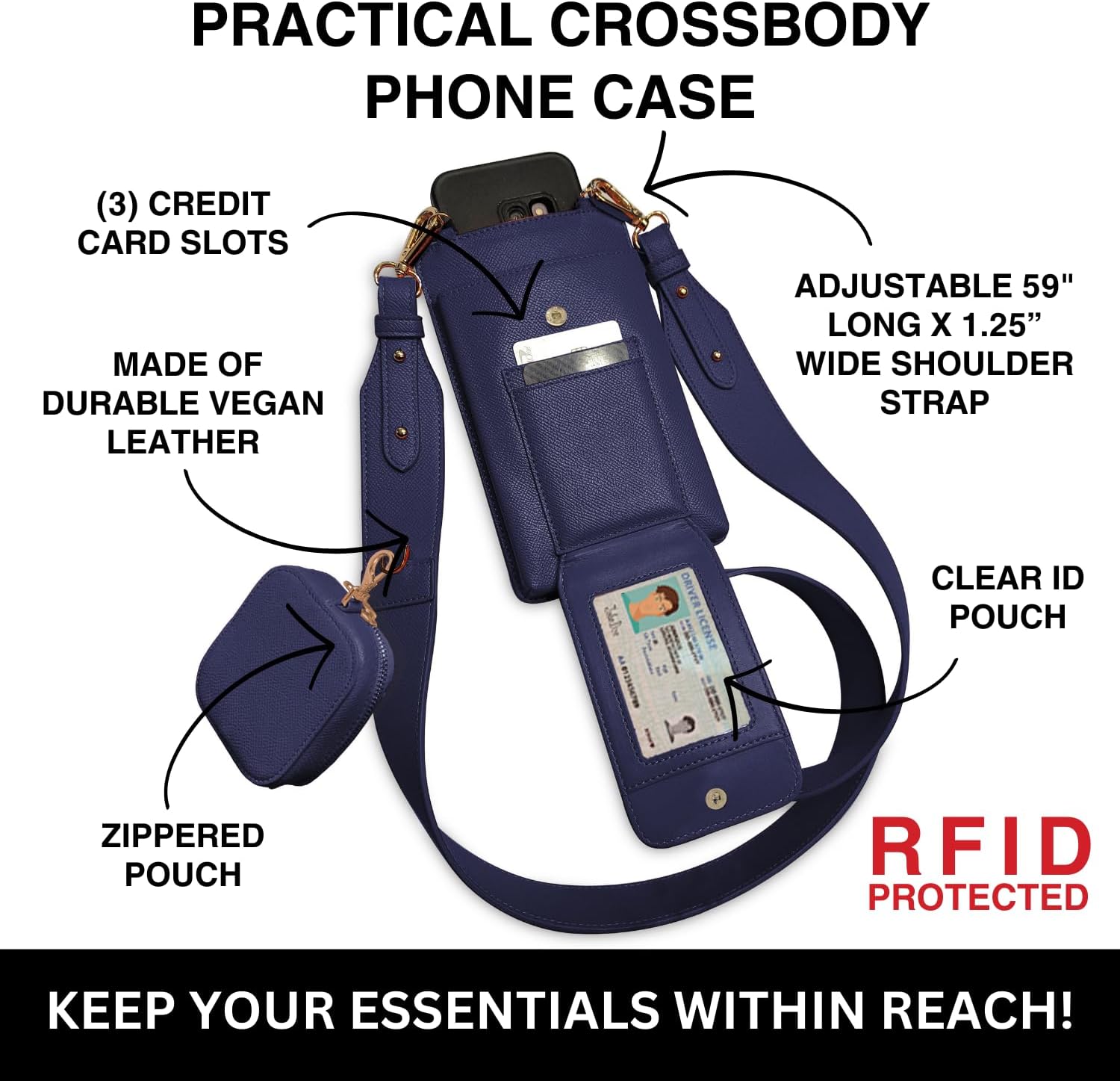Save the Girls Crossbody Purse (Navy) - Touch Screen Handbag for Women - Zippered Pouch & Phone Sling Crossbody (Boca) - Image 3