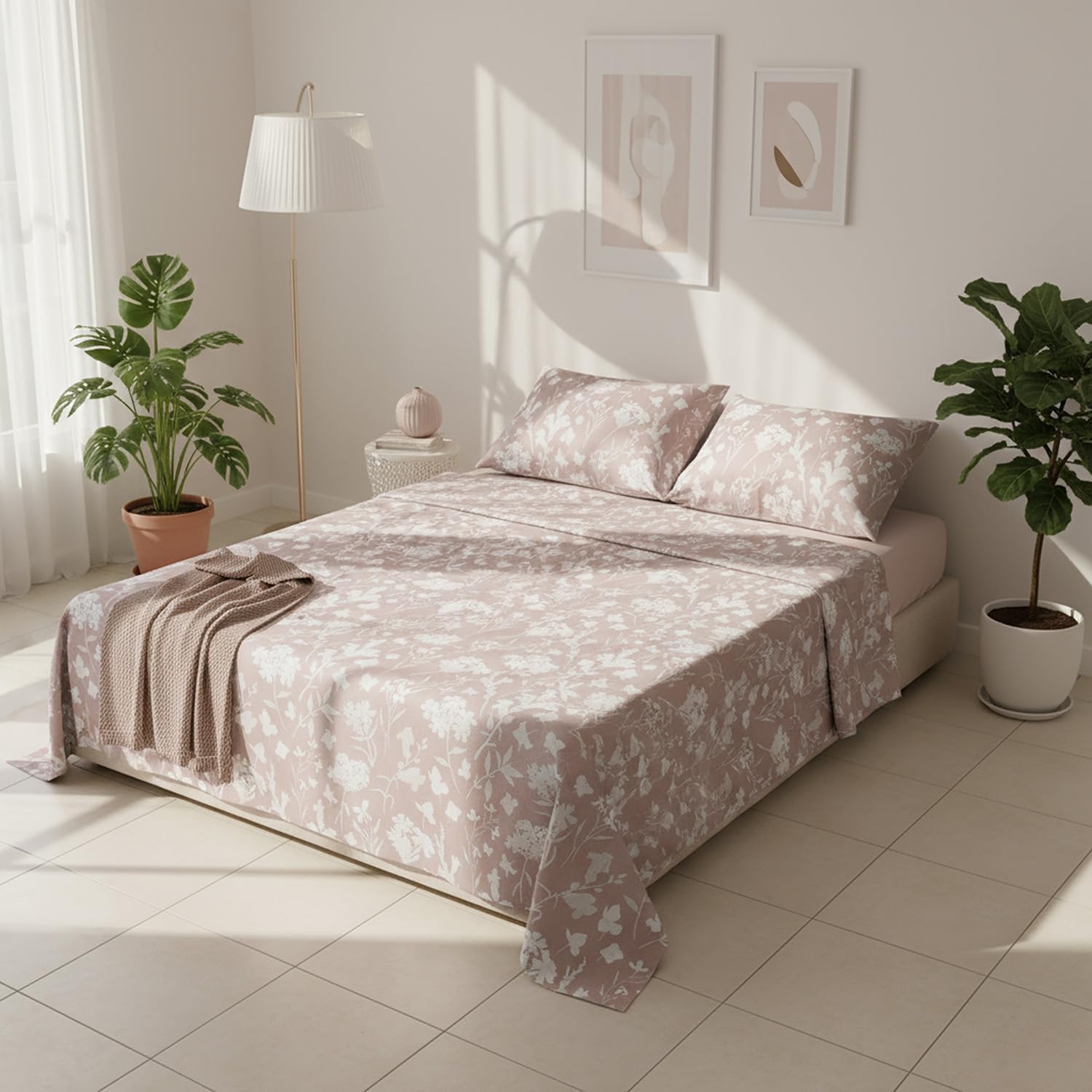 KASANOVA Completo Letto Matrimoniale Cotone Fiori Tortora