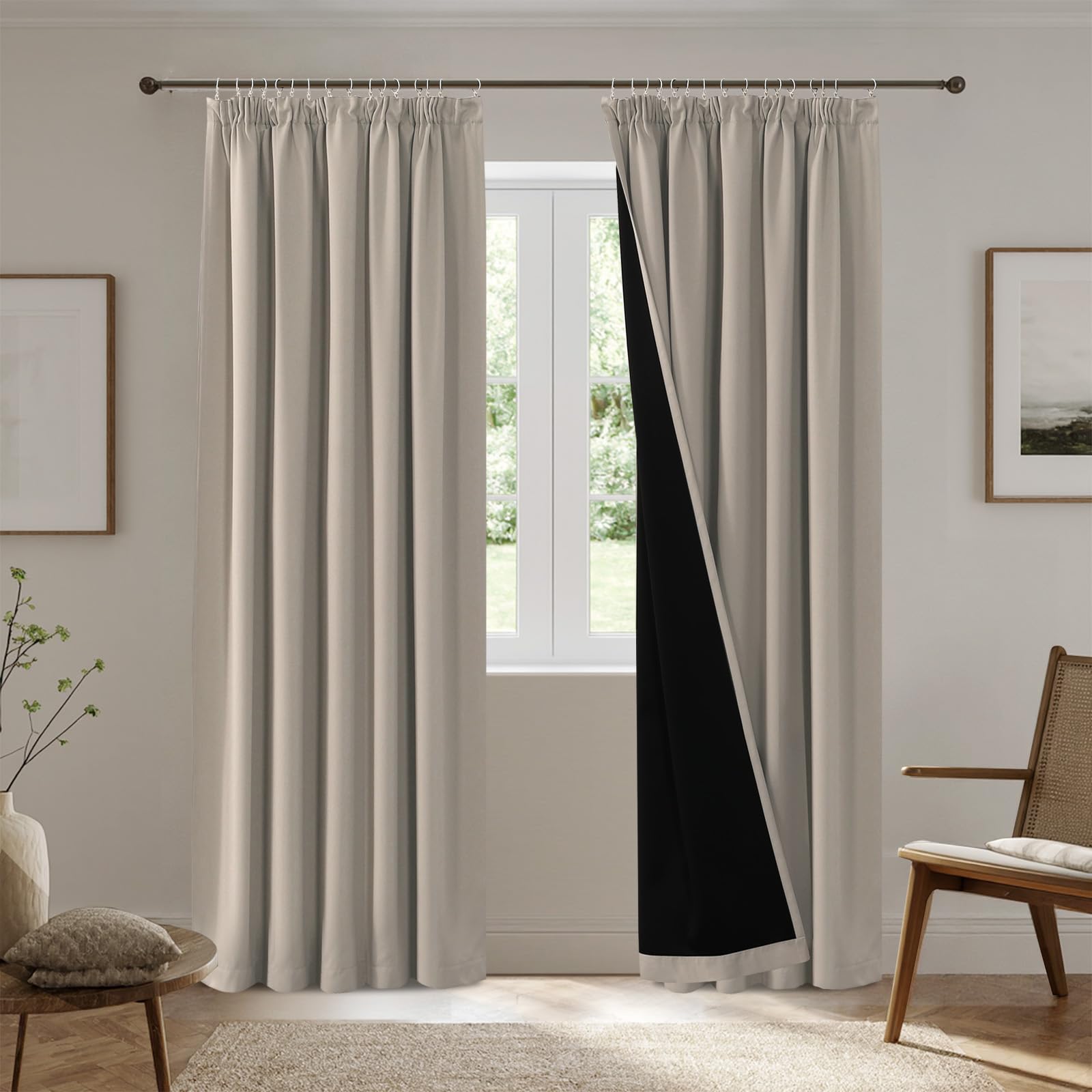 H.Versailtex 100% Blackout Curtains for Room Darkening Privacy Protection, Long Drapes Blackout Darkening Curtain Thermal Insulated Back Tab Rod Pocket, W66 X L72Inch, 2 Panels, Natural Sand