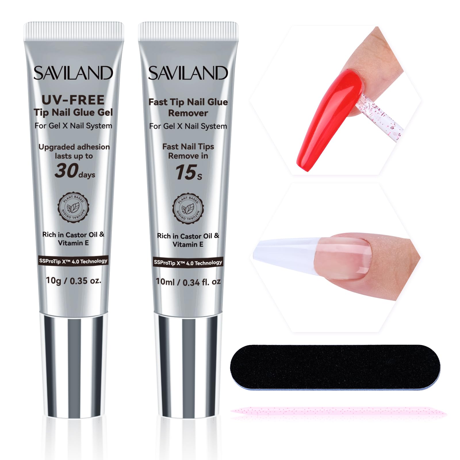 SAVILAND No Curing Nail Glue Gel with Remover: 30-Day Long-Lasting Semi Solid Nail Glue for Press On Nails Air Dry Extra Strong Glue No UV Lamp Needed, Fast False Nail Remover for Home Use