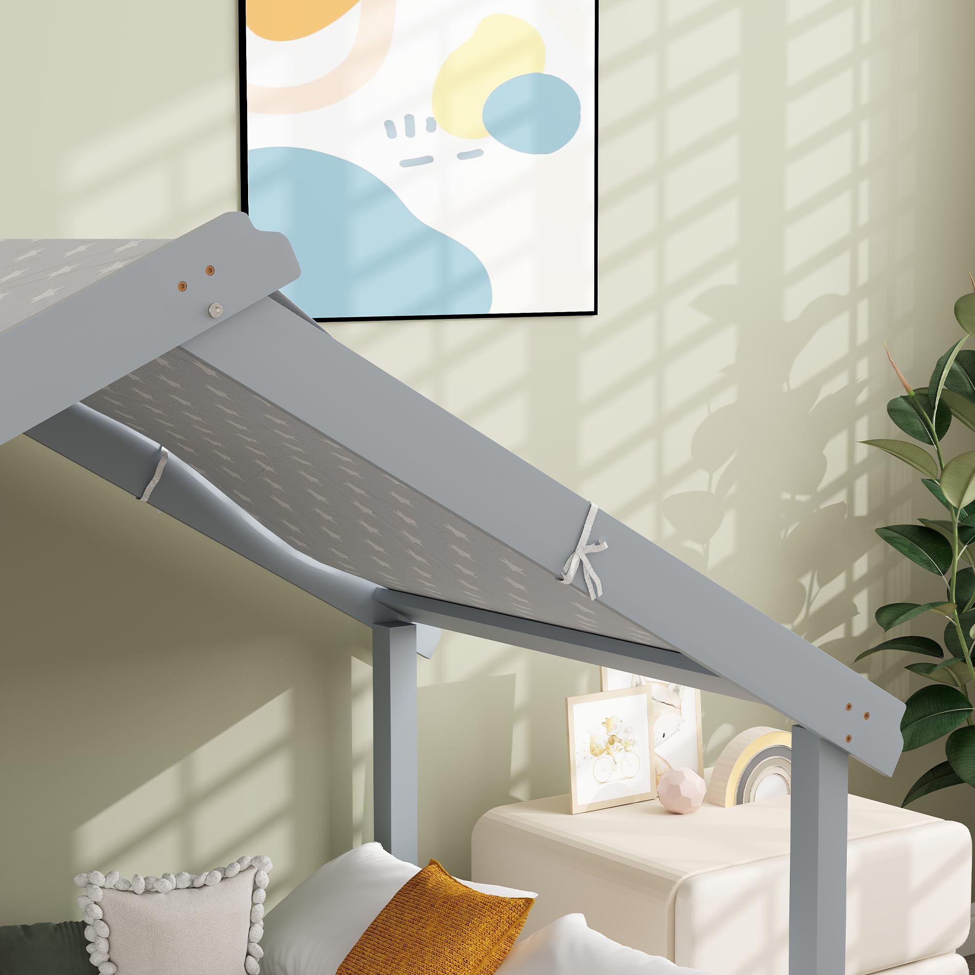 HOMCOM Letto Montessori per bambini a Casetta con Tetto Stellato, Letto per Bambini 90x190 cm per Cameretta con Struttura in Legno di Pino, 15 Doghe e Barriere di Protezione, Grigio