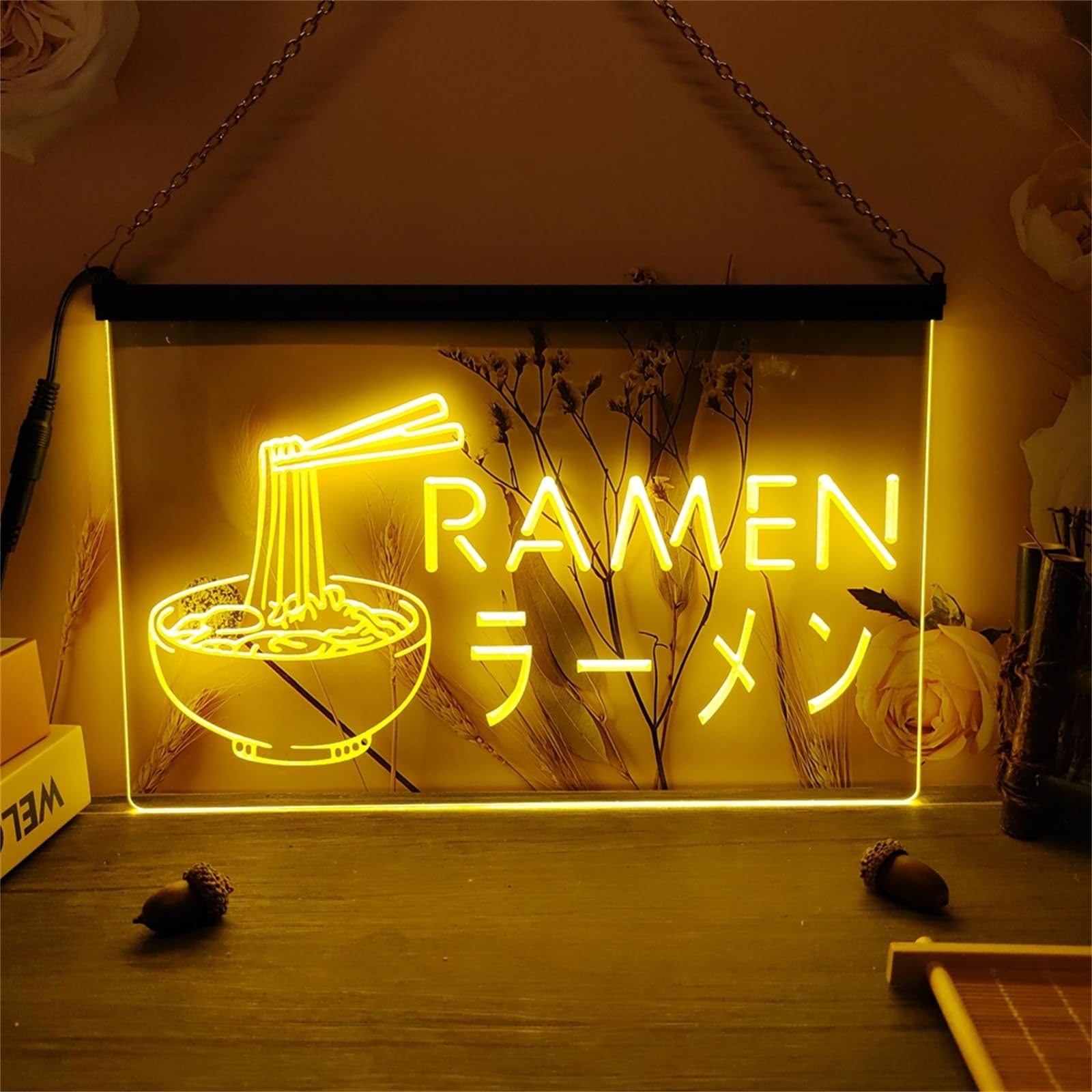 Zayeksole Ramen Neon Sign for Wall Decor, USB Dimmable LED Neon Light Up Sign for Japanese Ramen Restaurant Windows Wall Decoration,Yellow,30x20cm