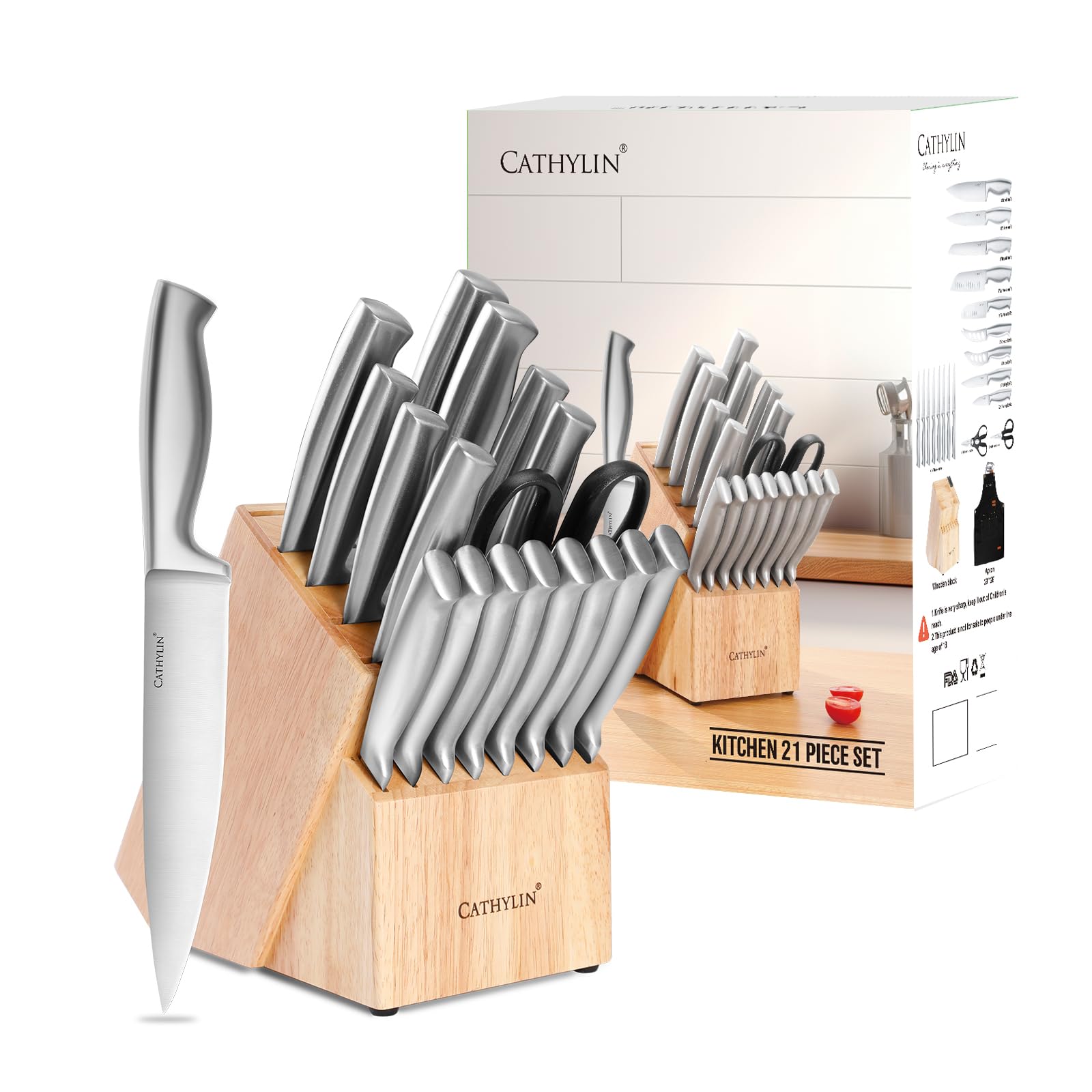 CATHYLIN 21-piece High-Carbon Stainless Steel Knife Set with Built-in Sharpener Knife Block Set,Kitchen Knife Set with Ergonomic Non-Slip Handle,Dishwasher Safe (21pcs,Silver)