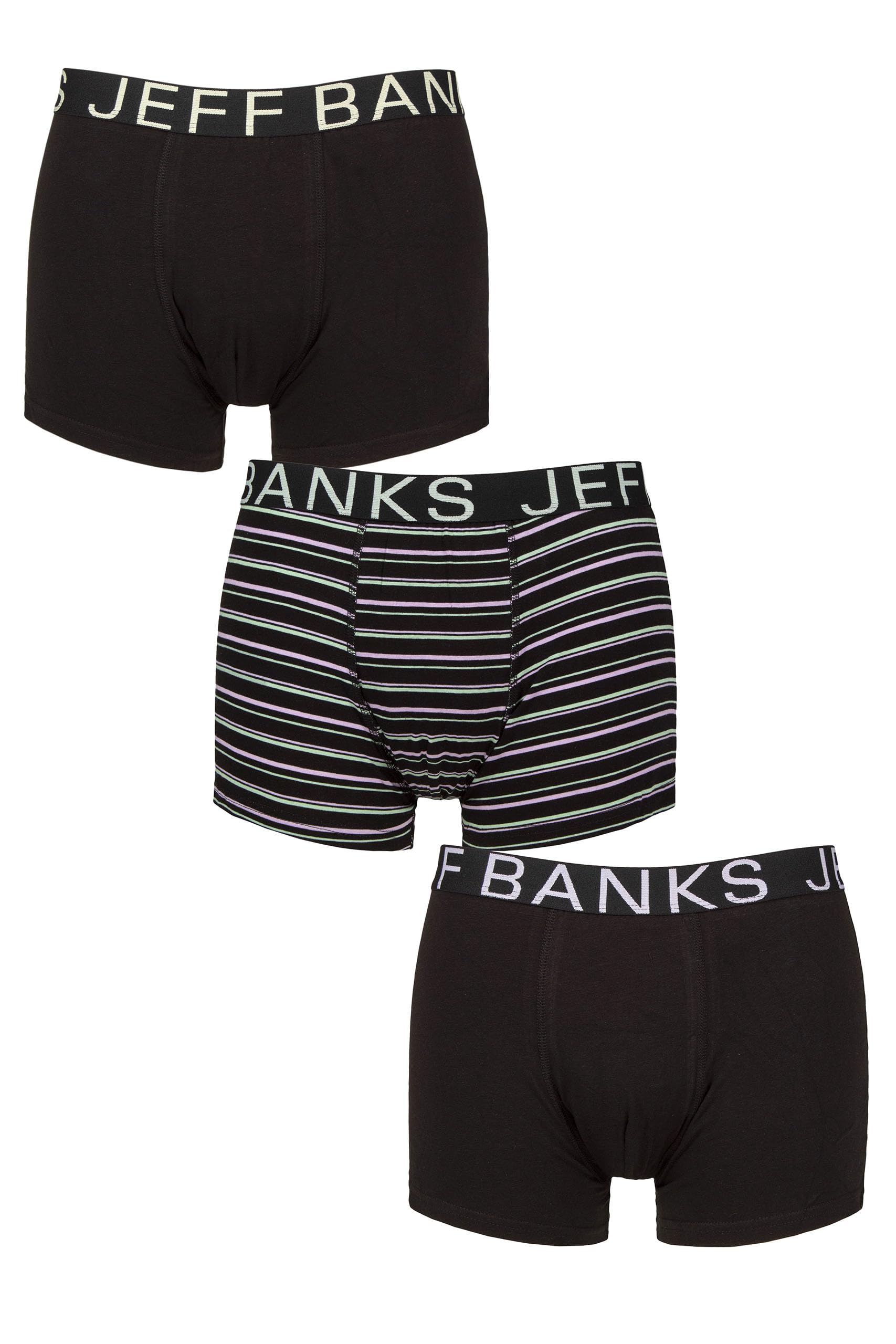 Jeff Banks Men's Black Stripes Cotton Trunks - Soft Cotton, Patterned, Plain, Striped, Spotty, Black, Navy, Label-Less, 3 Pack, Sizes S,M,L,Xl S