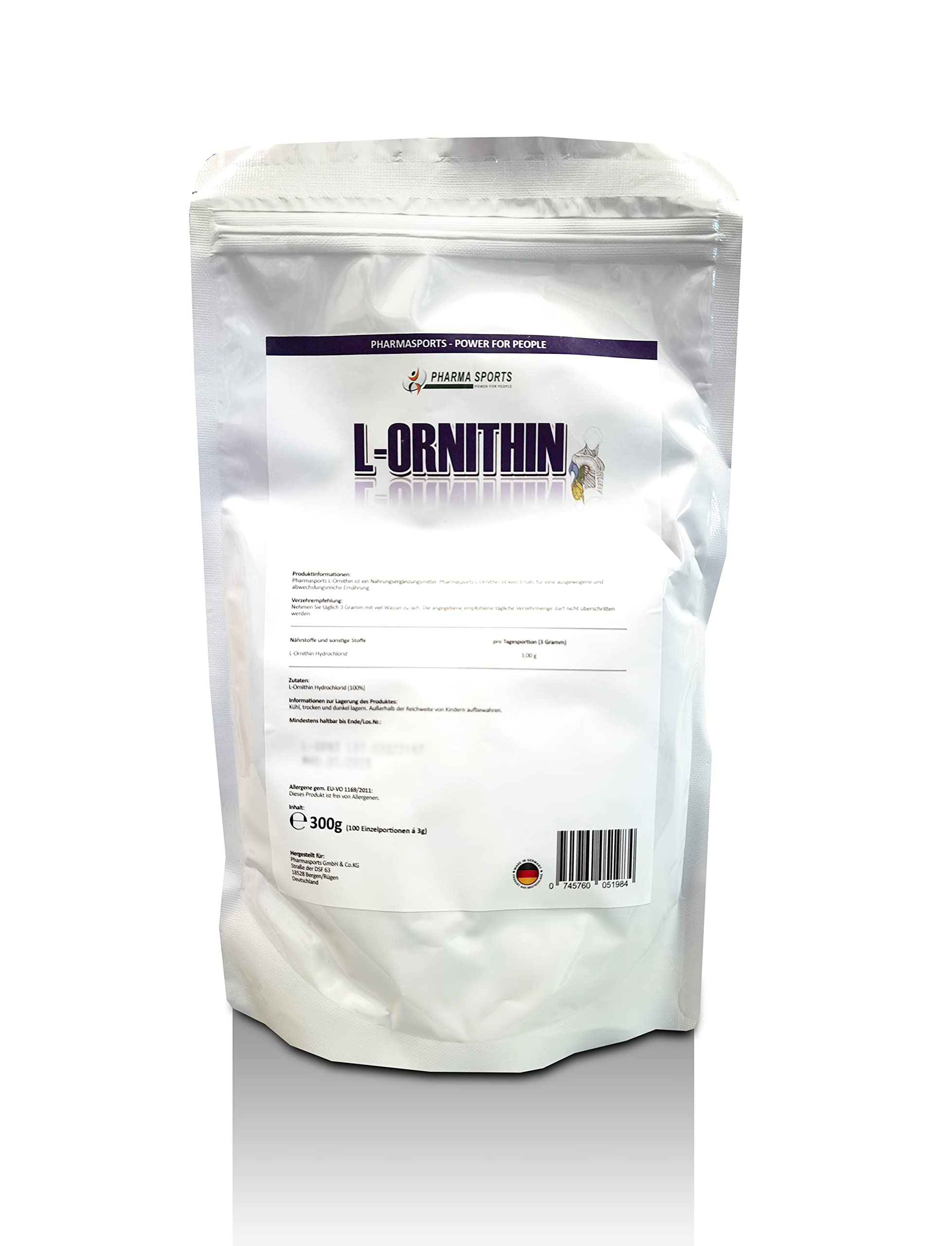 L-Ornithin Pulver 300g - PREMIUM Qualität | PREMIUM Qualität, pflanzliche Fermentation, Menge wie 600 Kapseln à 500mg