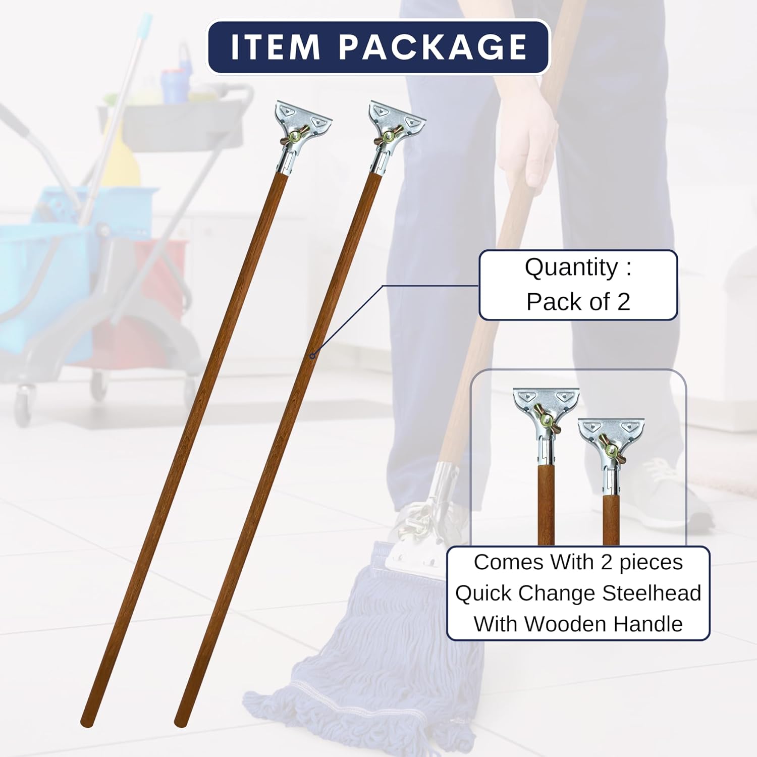59" Mop Claw Clamp Commercial Mop Handle Pack of 2 Industrial Mop Steelhead with Wooden Handle Wet Mops for Floor Cleaning Heavy Duty (Mops not Included)