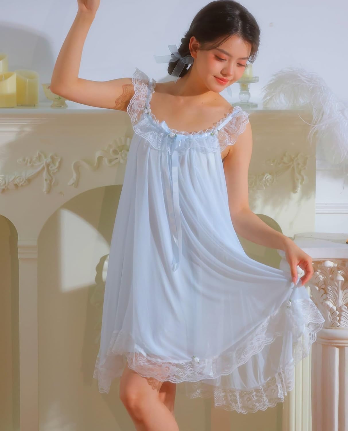 Women's Vintage Victorian Nightgown Summer Sleepwear Sleeveless Lounge Dress - Image 5