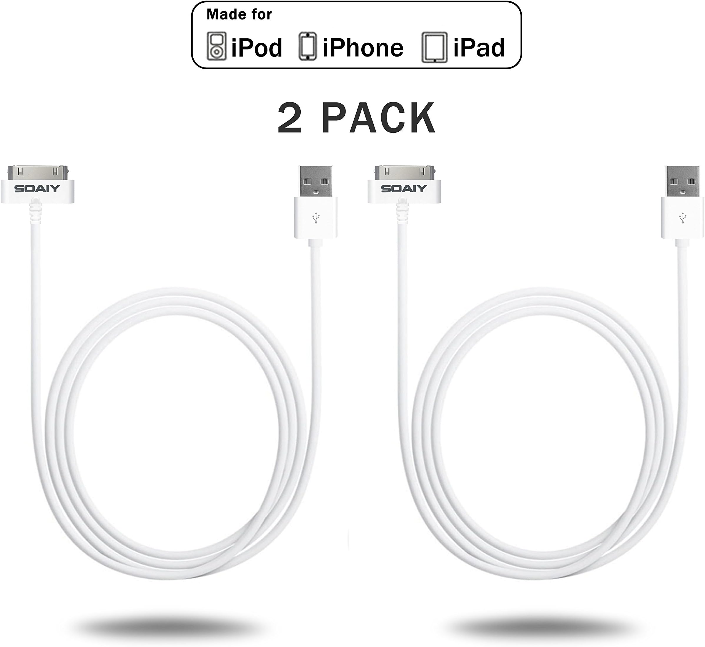 2 Pack Apple MFI Certified Latest Soaiy Extra Long 6.5 Ft Foot/2m 30 Pin USB 2.0 Sync/data Charging Charger Cable Connector to USB Cord for Iphone 4s Iphone 4 Iphone 3gs,ipad Ipad 2 Ipad 3,ipod Touch 4th,iphone 4 Iphone 4s Iphone 3g Iphone 3gs,ipad Ipad 2 Ipad 3rd,ipod Touch 4th, Ipod Nano 6th