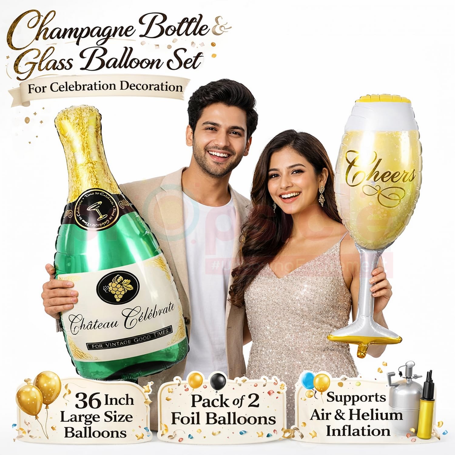 Propsicle Champagne Bottle Foil Balloons for Adult Celebrations, Pack of 2