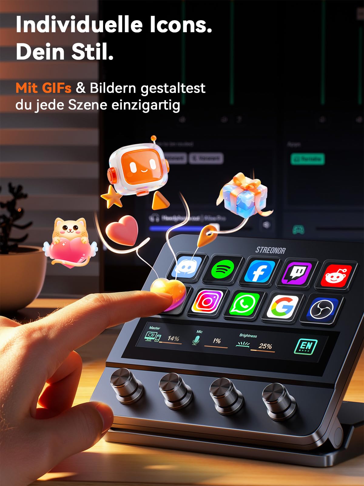 STREONOR Stream Controller Pro S10 mit 10 Tasten Touchscreen und 4 Reglern | Stream Control Deck für OBS, Twitch, YouTube, Content Creators, Streaming & Gaming, kompatibel mit PC und Mac
