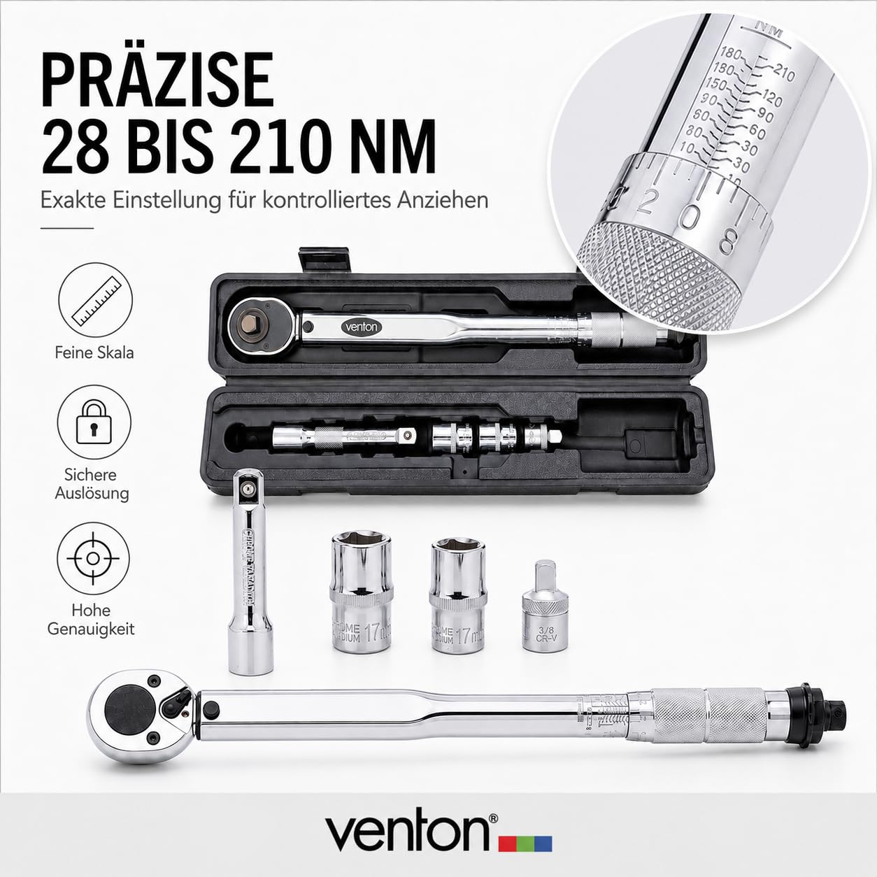 VENTON Klucz dynamometryczny 10-210 Nm zestaw 1/2" wraz z adapterem 3/8" | precyzyjne narzędzie samochodowe do wymiany kół z grzechotką