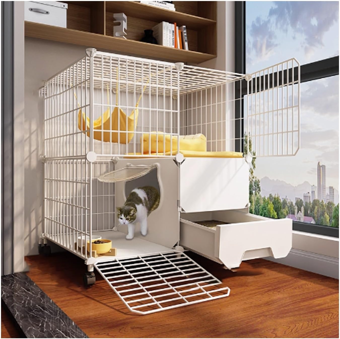 Indoor Cat Playpen, Detachable Metal Wire Kennel for 1-2 Cats with Litter Box Area, Safe & Spacious Cat Enclosure for Playtime, Rest, and Comfort