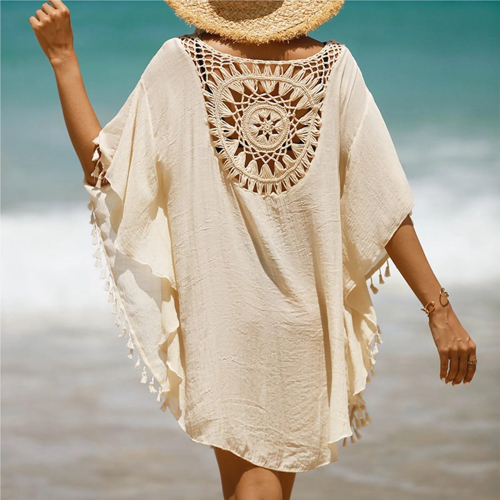 Copri Costume Mare Donna Copricostume da spiaggia da donna, bikini, costume da bagno, piccolo nappa, vestito traforato, ampio e solido, copricostume da spiaggia