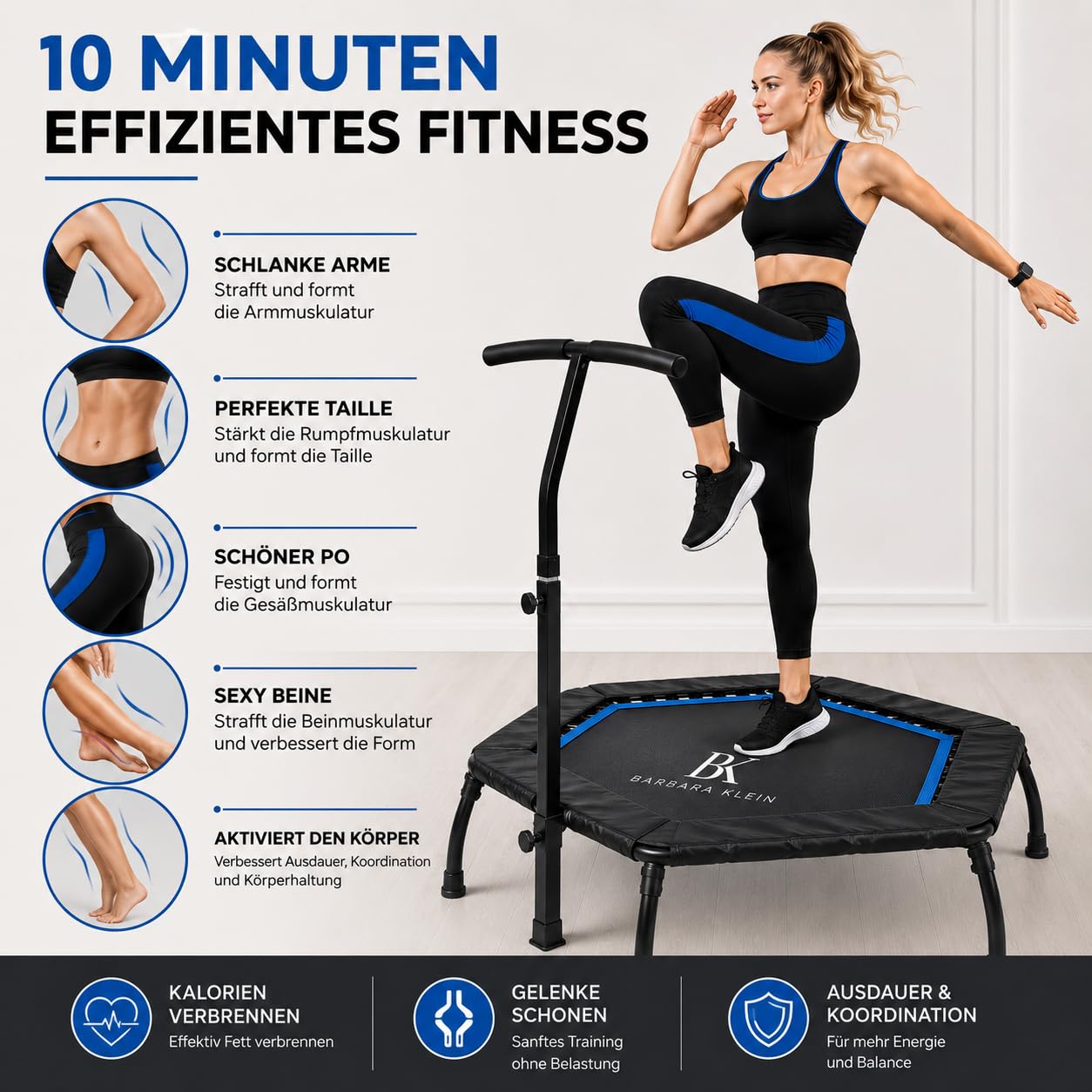 BK Barbara Klein Fitness Trampolin 133 cm mit Haltestange, 42 Gummiseile, Hexagon Rebounder, 100 kg Belastbar, Höhenverstellbar Indoor Heimtraining